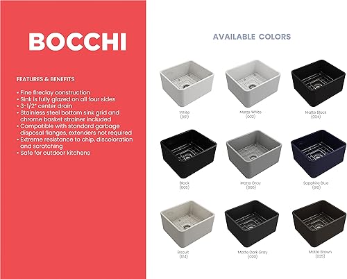 Miniatura 6 de BOCCHI Classico Farmhouse Delantal de arcilla refractaria delantera de 20 pulgadas. Fregadero de cocina de un solo tazón con rejilla inferior