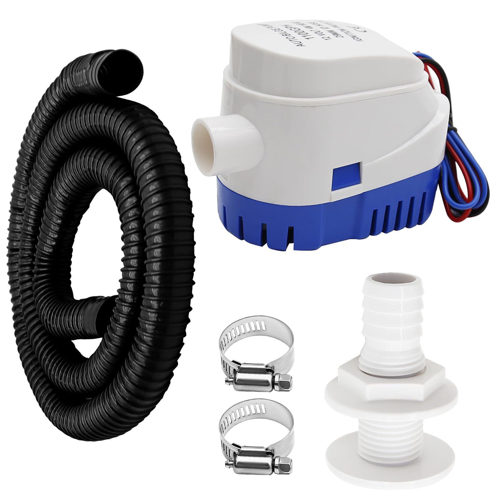 Hoypeyfiy Universal Boat Bilge Pump Kit 1100gph Bilge Pump Plumbing Set Hose Clamps Thru Hull Fitting Submersible Pump