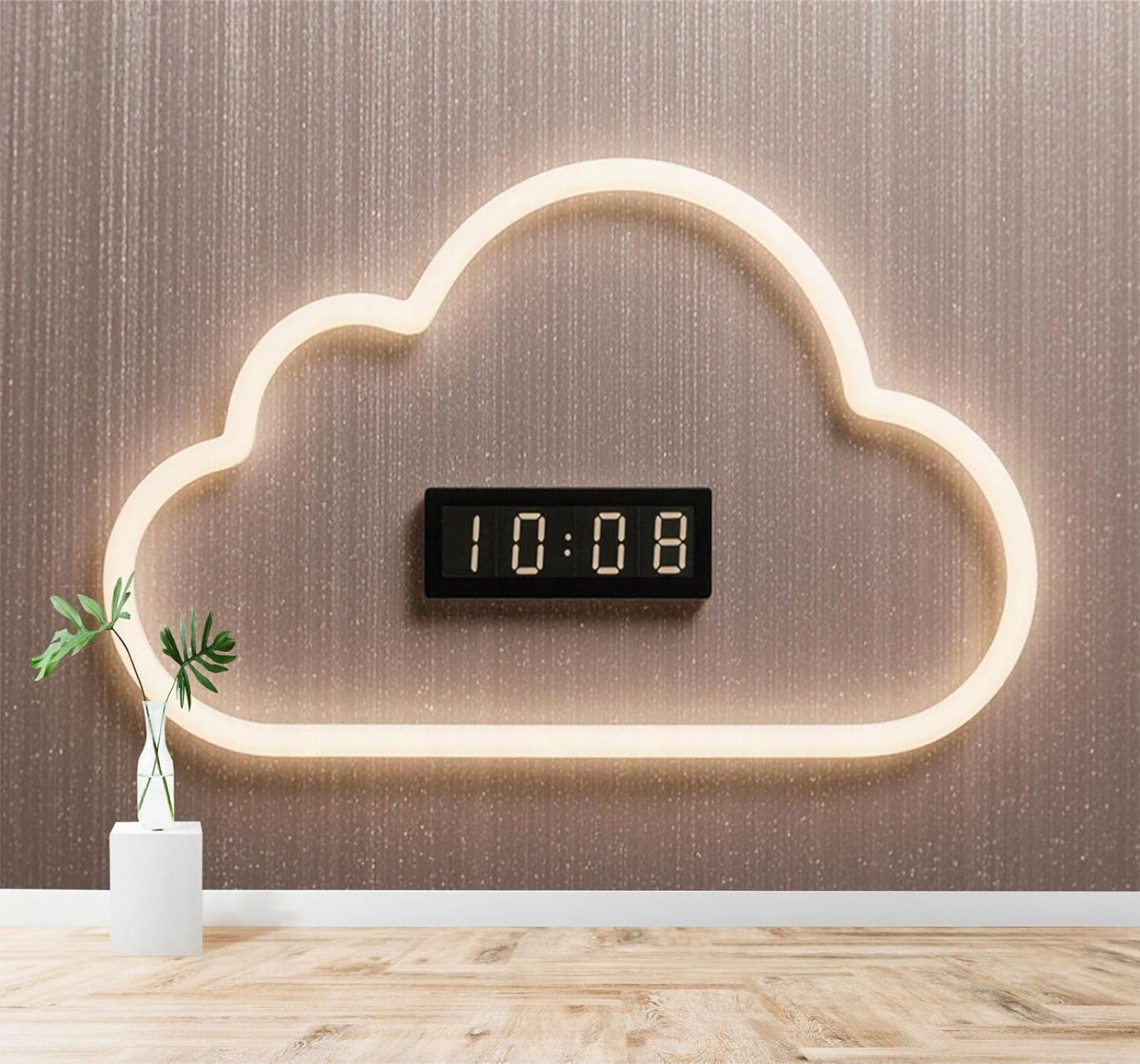 Tzxztt Creative Glowing Cloud Shaped Digital Clock Warm Lighting Modern 3D Wallpaper Premium Textured Silk Neutral Tones Material Ideal for Living Room Bedroom-150cm×105cm
