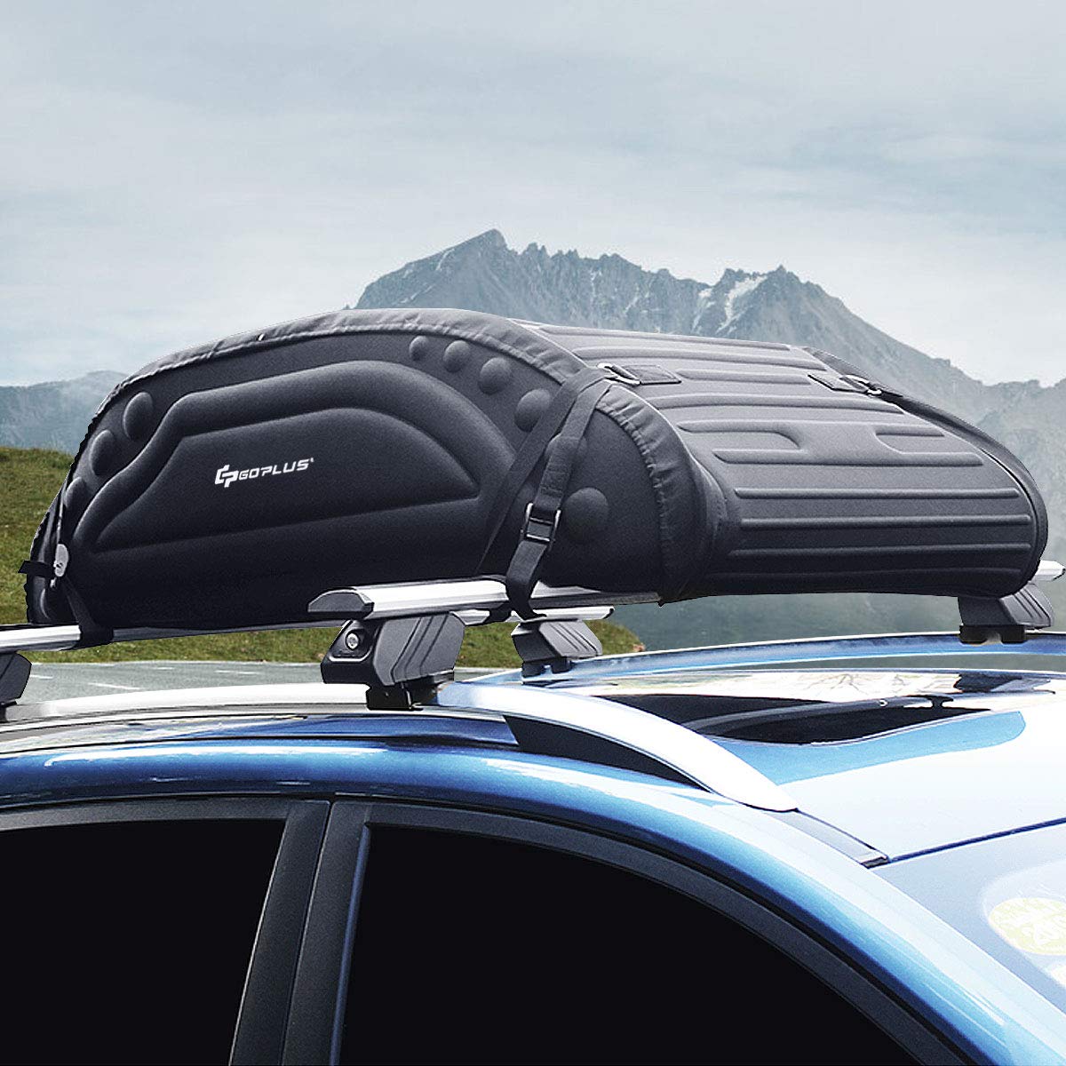 GOPLUS Coffre de Toit Voiture Pliable, 4 Cordons d’Attachement, Sac de Toit Voiture Utilisable avec ou sans Barre de Toit, Surface Imperméable, Charge 60KG, Sac de Transport, Sangle de Sécurité Dedans