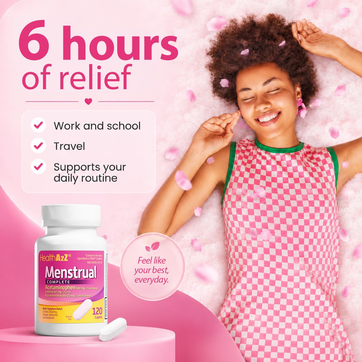 HealthA2Z® Menstrual Complete Pain Relief Tablets | Relieves Cramps, Bloating, Fatigue, Backache & Headache (120 Counts) — Amazon image 4