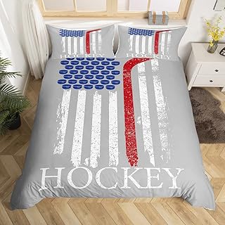 Hockey Duvet Cover Set King,Abstract Stripes Bedding Set 3pcs for Kids Teen Girls Boys Room Decor, Ball Sports Game Comforter Cover Soft Grey Quilt Cover with 2 Pillowcases