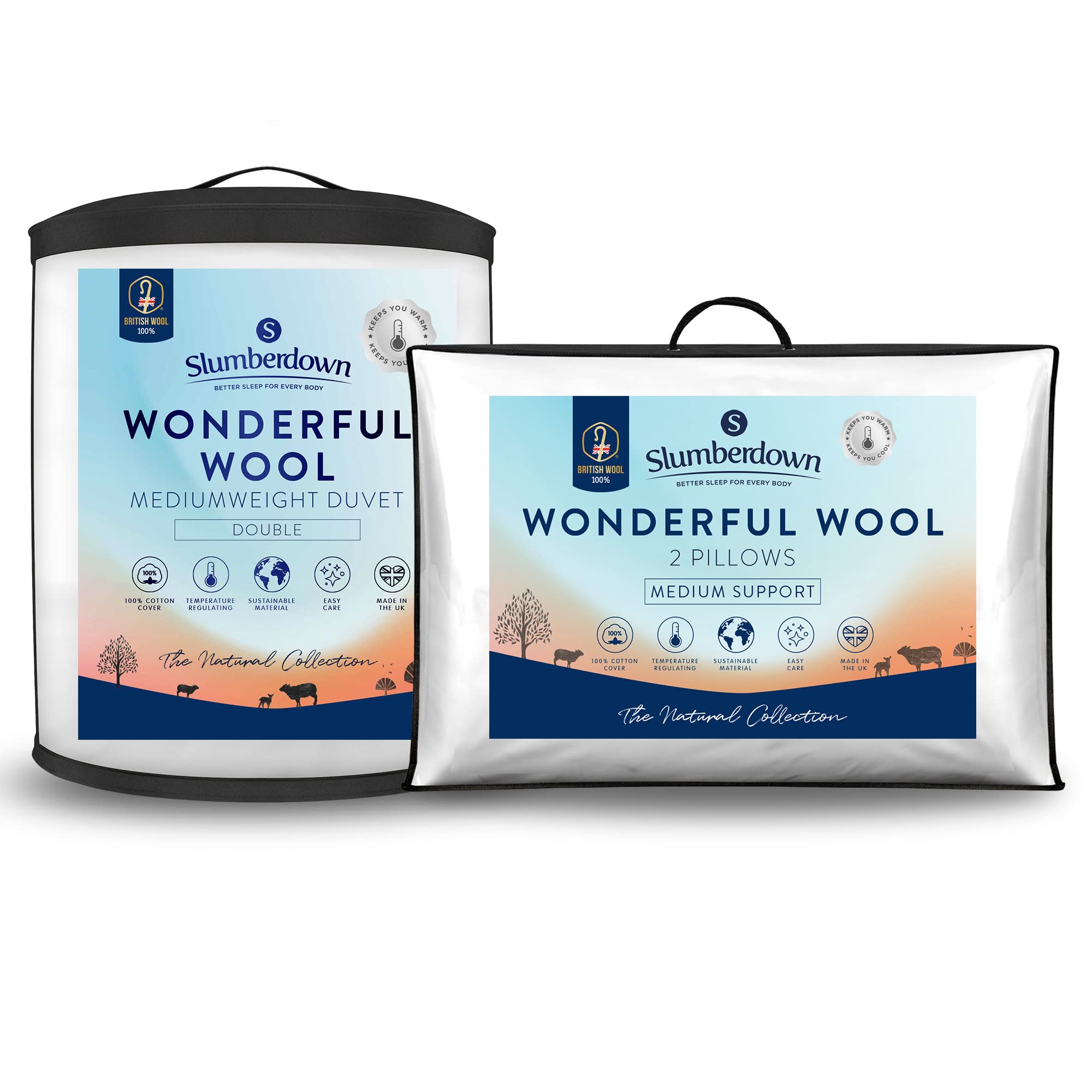 Slumberdown Wonderful Wool Double Duvet Temperature Regulating 7-9 Tog Mediumweight All Year Round Quilt,2 Pillows 100 Percent British Wool, Soft Cotton Cover, Easy Care, Size (200cm x 200cm), White