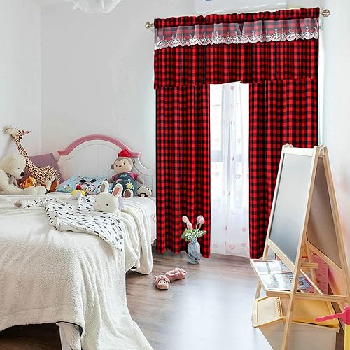 Miniatura 7 de WUBODTI Paquete de 2 cortinas de cenefa a cuadros rojos de Navidad para cocina, cenefa a cuadros rojos y negros con bordado de encaje, bolsillo para