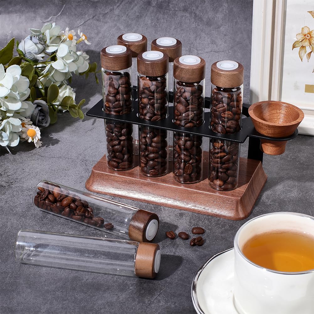 UNICRAFTALE 8 Stück 2oz Kaffeebohnen Röhrchen Einzeldosis Kaffee Lagerung mit Einwegventil Eisen Gestell Holz Ständer Trichter Sienna Arbeitsplatten Organizer für Kaffeeliebhaber 17.6x8.8x14.5cm