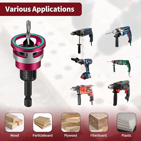 Countersink Drill Bit Set, 6 Pieces, Countersink Wood Drill Bit with Depth Stop, Drill Countersink with 1/4 Inch Hex Shank, Made of HSS-M2, Precise Drills, for Wood Processing