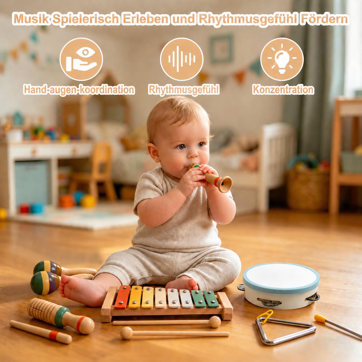 Musikinstrumente für Kinder 3 Jahre, Montessori Musikset aus Holz, 12-teiliges Musikspielzeug mit Xylophon, Tamburin, Rasseln, Guiro, Triangel und Holzpfeife