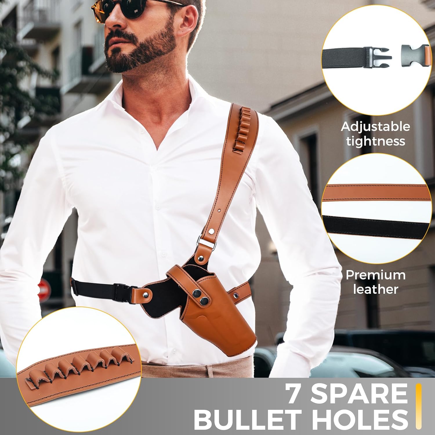Adjustable Shoulder Holster for Men Universal Gun Holsters for Concealed Carry Leather Chest Holster with 7 Spare Bullet Holes Fits 1911, Glock 17/19/23, and Most Pistols (Right Hand Use)