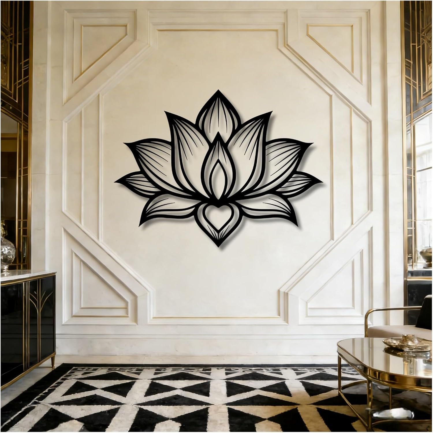 Lotus Flower Metal Wall Art,Flower Wall Decor Hanging Hollow Out Lotus,Silhouette Ornament For Yoga Studio Indoor Outdoor Home Office Bedroom Decoration(Black,28x21in/70x53cm)