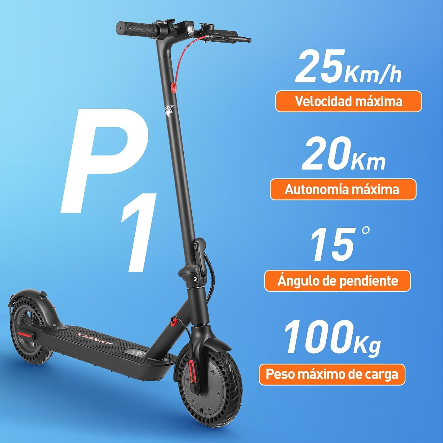 Pop Shope P1 Scooter highlighting 25km/h max speed, 20km max range, 15 degree climbing angle, and 100kg max load