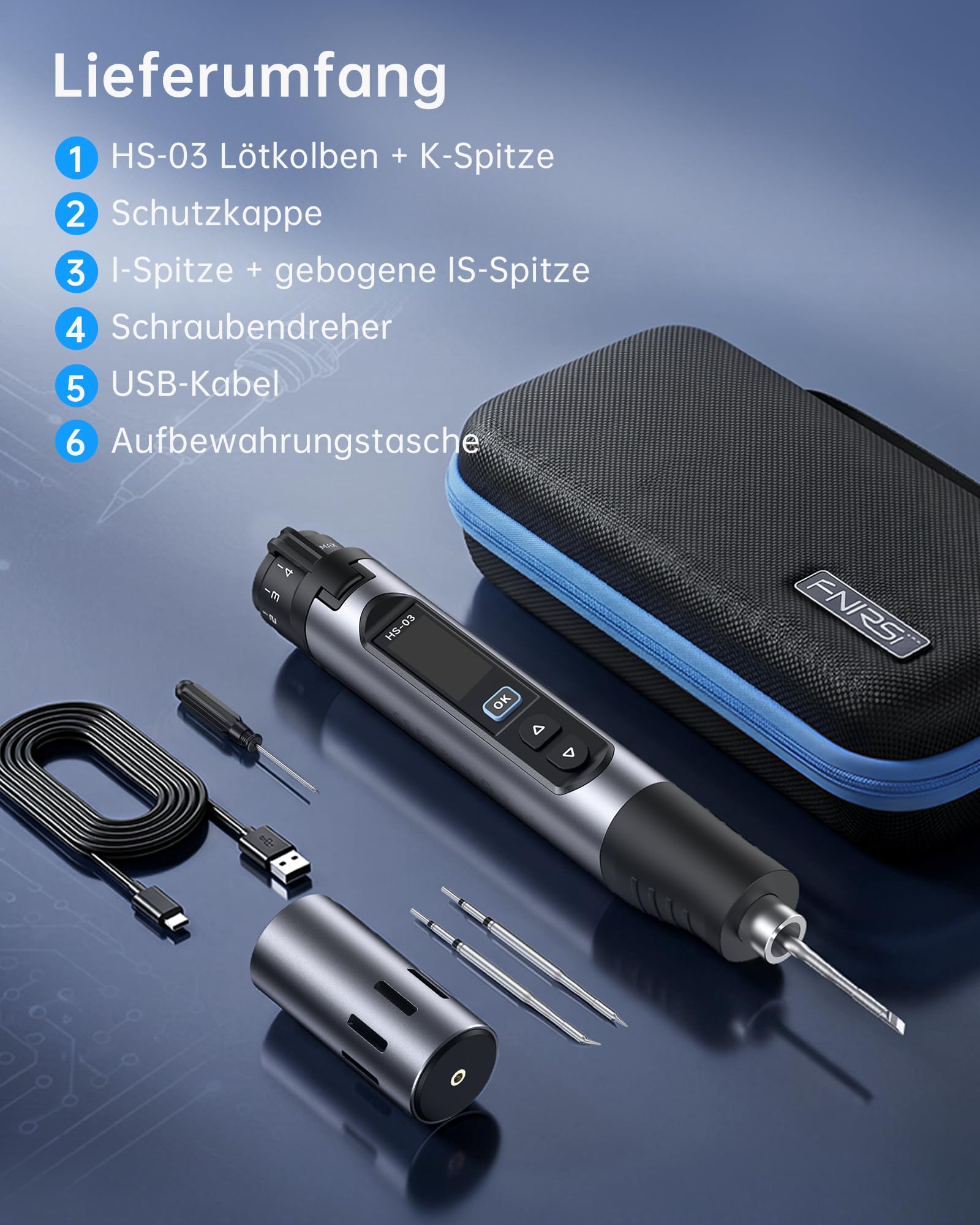 FNIRSI HS-03 Akku Lötkolben Set, kabelloser Lötkolben mit 2600mAh Akku, 100–450°C, 3s schnelles Aufheizen, 5 Temperaturstufen, 0,96" IPS Display, tragbarer Lötkolben für Elektronik, DIY, PCB