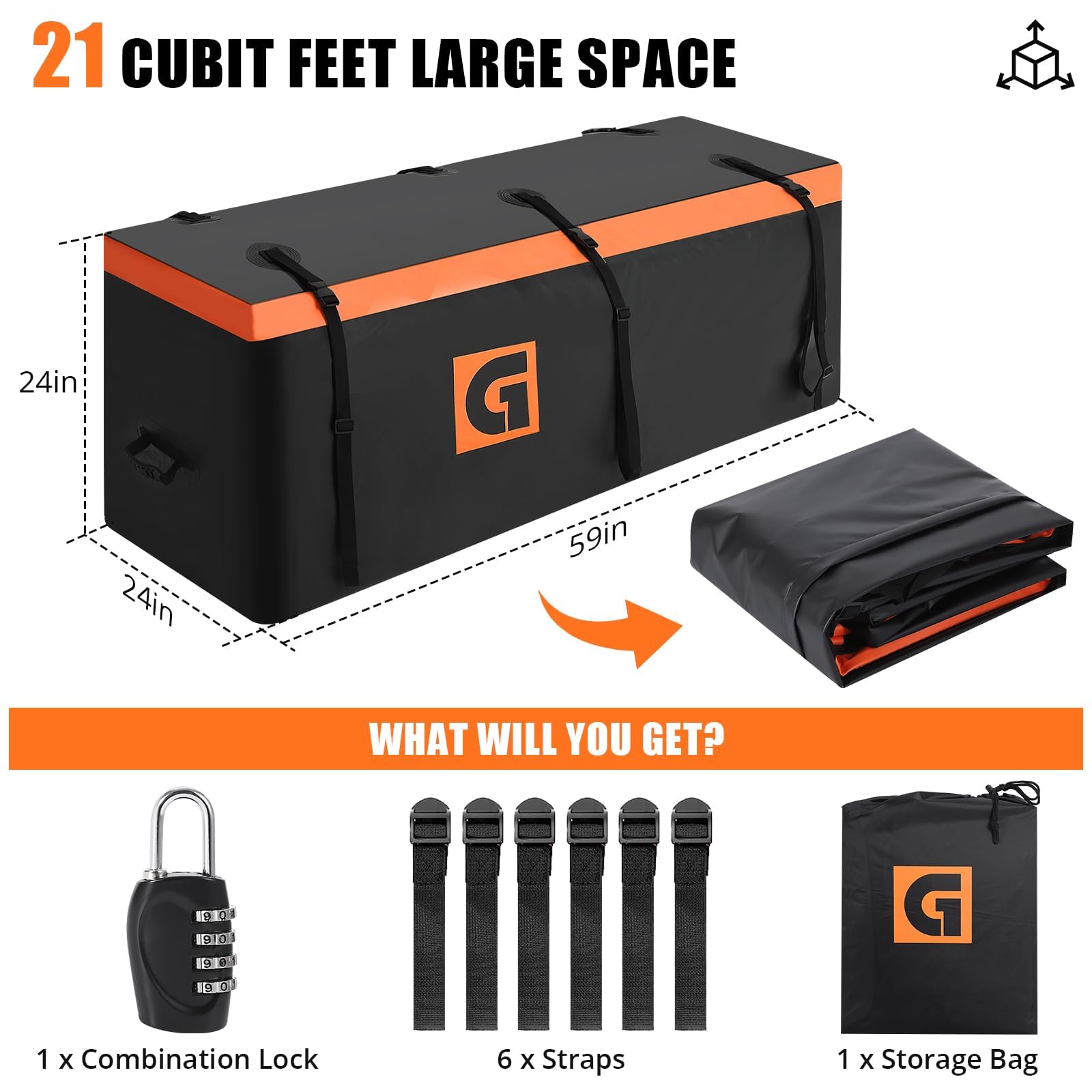 Garvee 100% étanche, capacité maximale – Sac de transport pour porte-bagages d’attelage – Matériau renforcé, fermeture zippée imperméable, sangles robustes – Pour voitures/SUV/camions – 21 pieds cubes