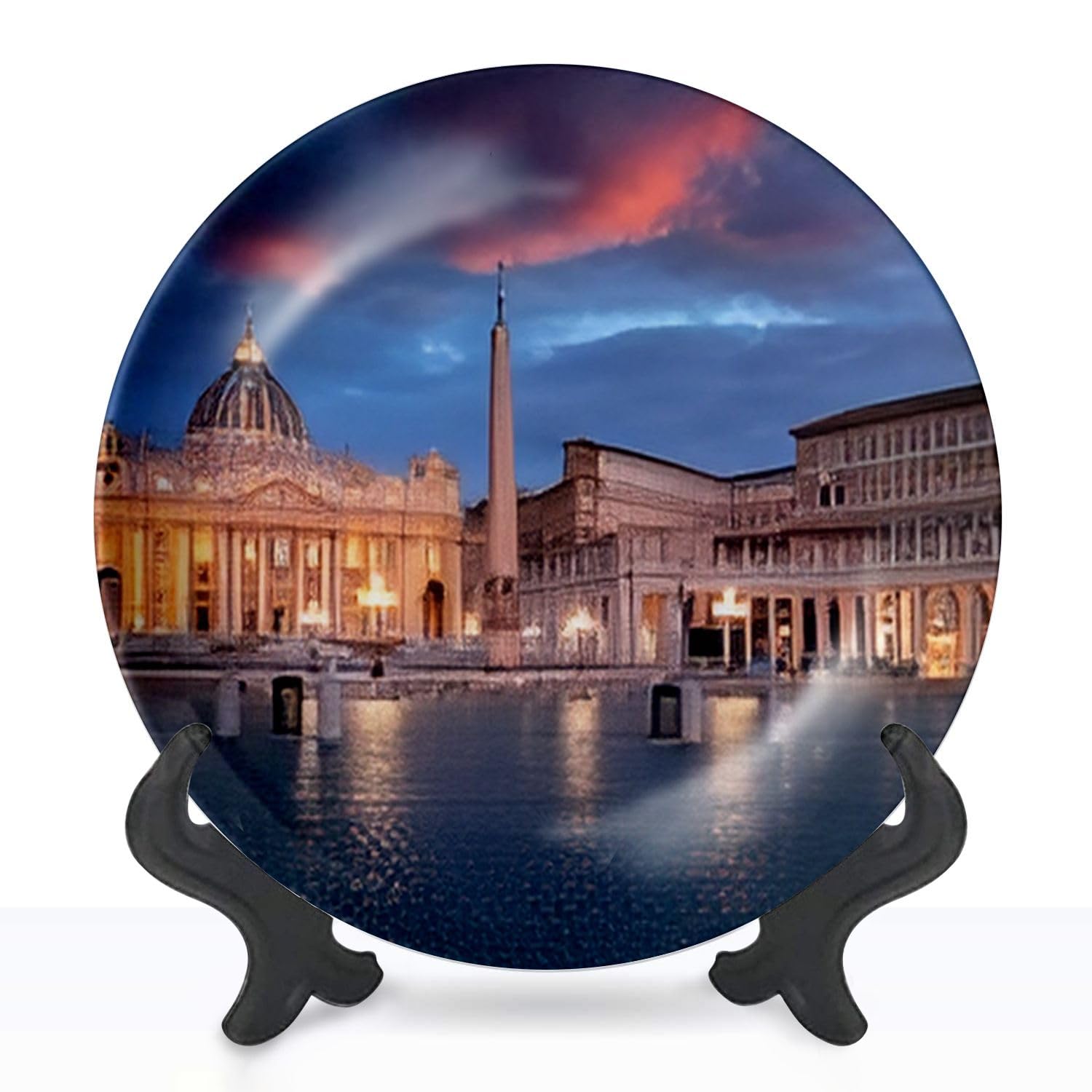 Decorative Plates Vatican City Rome Italy Cityscape illuminated Saint Basilica St Square Wall Decor Ceramic Ornament with Display Stand and Hook Up for Festival, Parties, Wedding 10