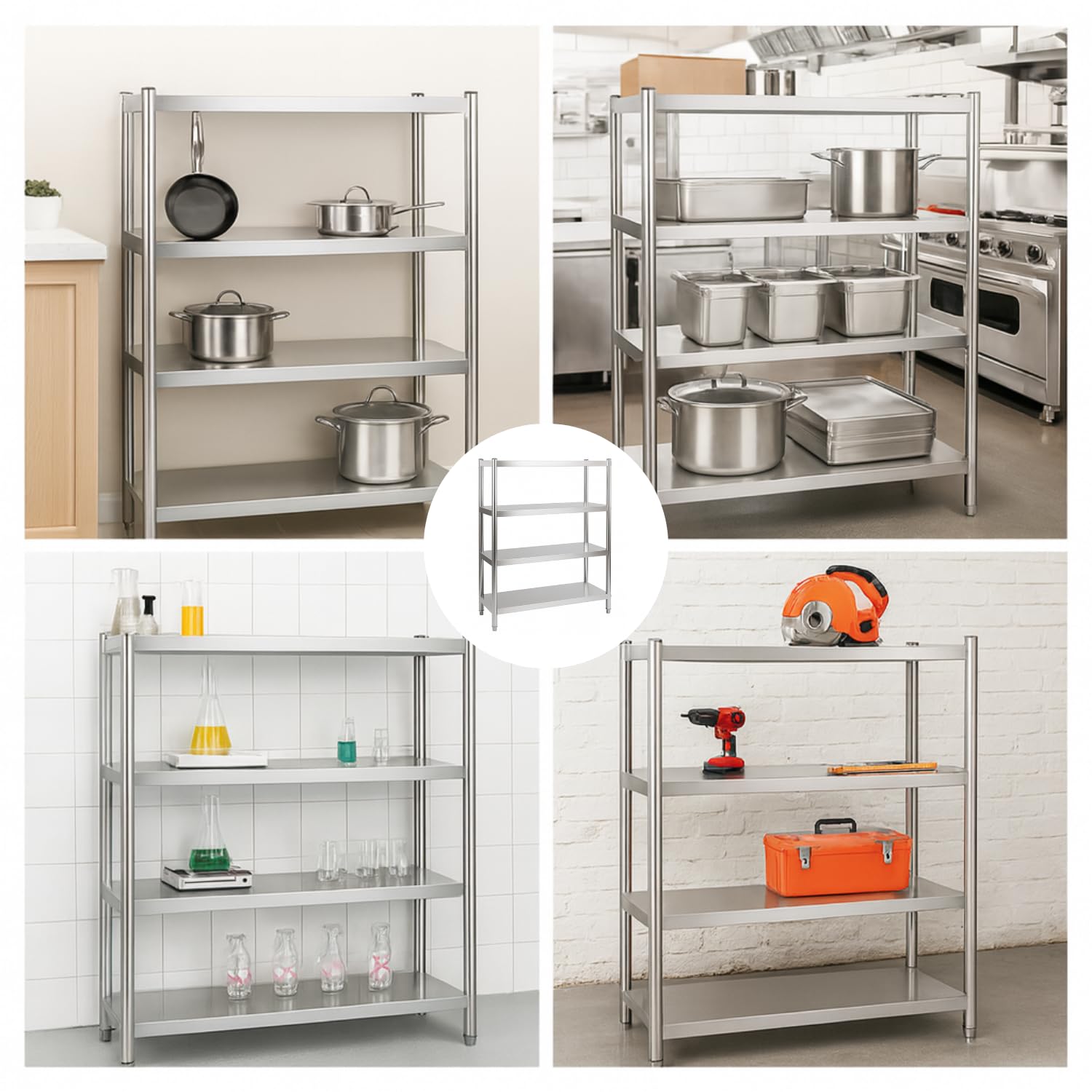 Générique Rayonnage INOX Professionnel – 4 Niveaux – 1500 x 500 x 1700 mm – Tablettes Pleines Hygiéniques – Pieds Réglables (1500 mm)