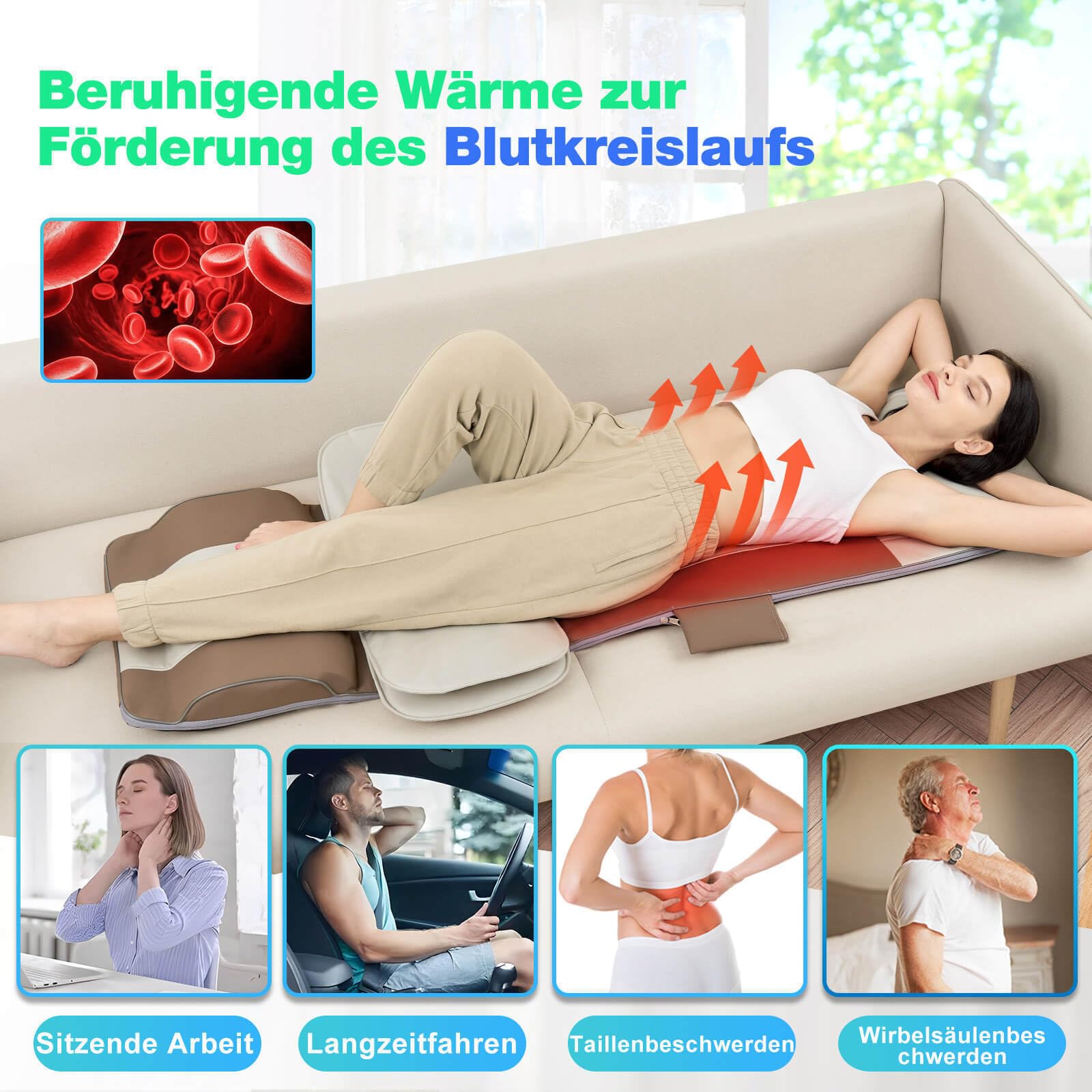 Tapis de massage pour tout le corps, étirement du corps 3D et traction lombaire, chauffage du dos, traction vers le haut et vers le bas, extension des virages, gauche et droite, 4 modes, 3 intensités