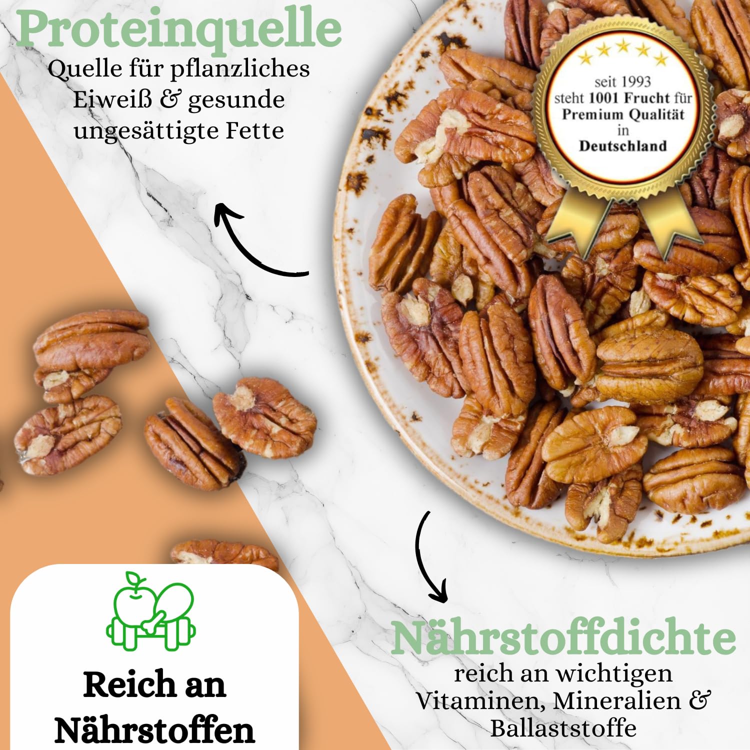 1001 Frucht - Pekannuss-Kerne, 1kg, Neue Ernte, ganze Hälften, Naturbelassene Nüsse Pekan unbehandelt Pekannüsse aus Kalifornien ohne Zusätze, Pecan Nüsse Rohkost-Qualität gentechnikfrei