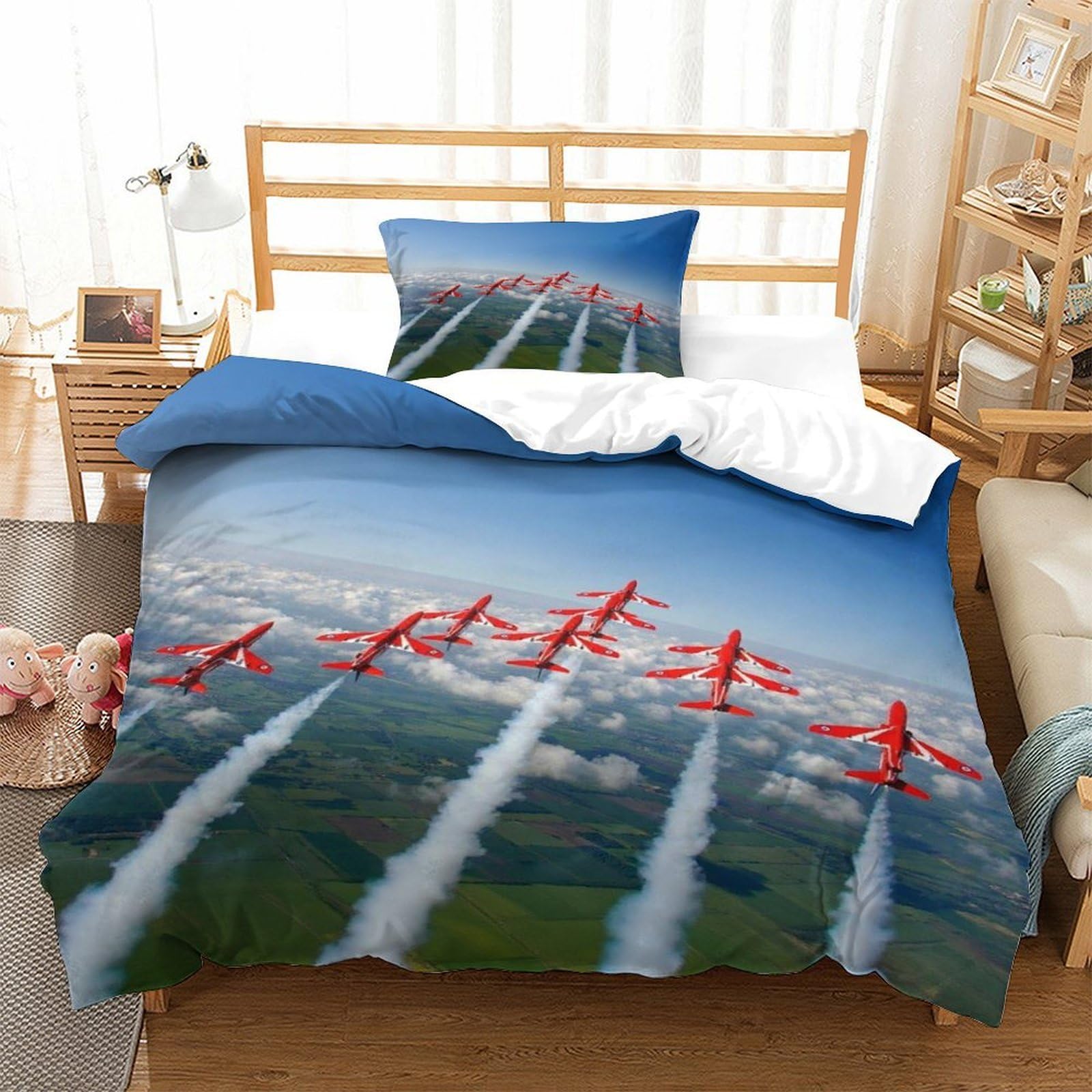 LILIlaobiao Hypoallergenic Bedding Set Air Show, Cozy Bedspread 3D Printed Red Arrows Plane Quilt Cover Single（135x200cm）, Microfiber Duvet Cover for Kids & Adults with Pillowcase