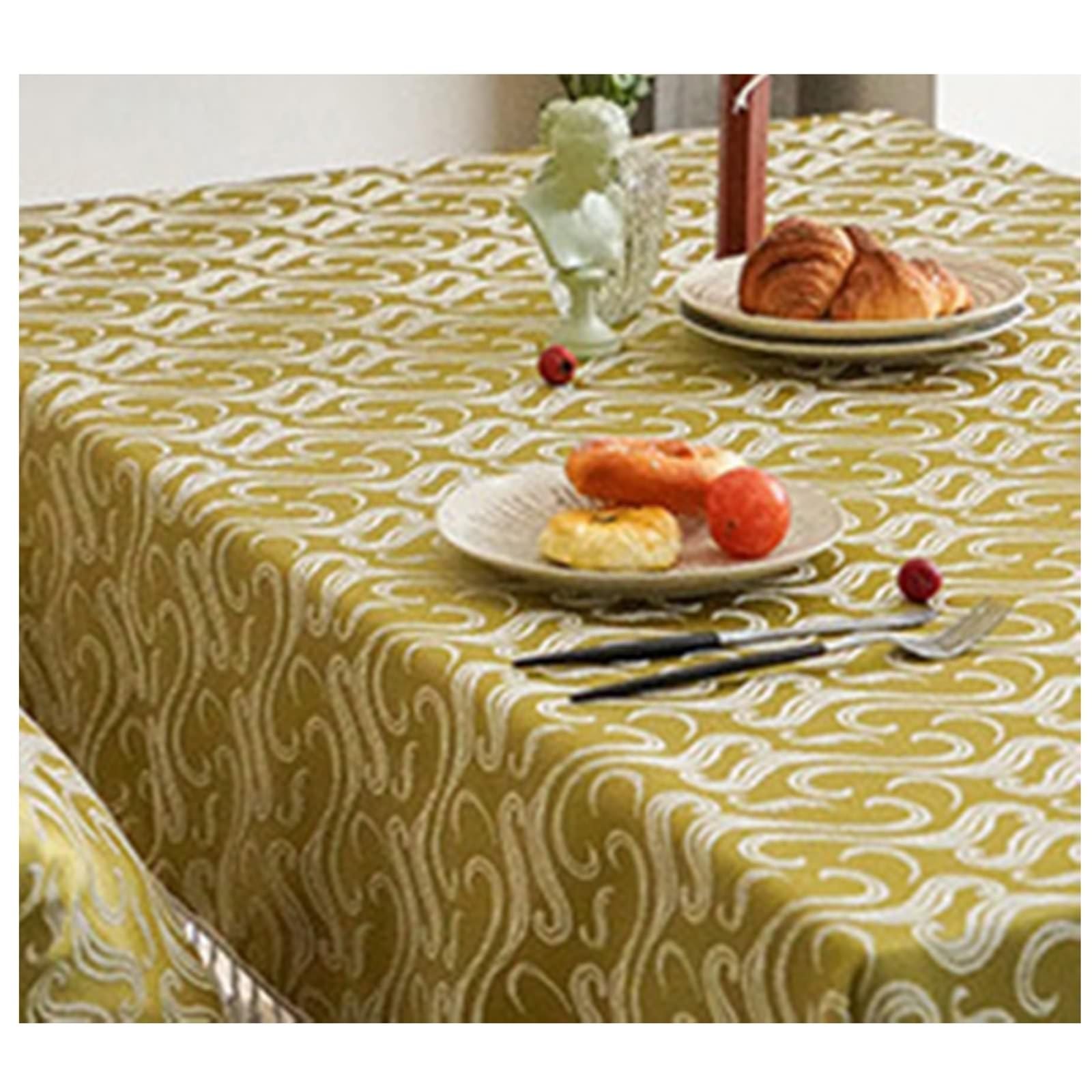 Nappe Rectangulaire 135x200 cm, Nappe Anti Tache en Lin 4-6 Personnes Broderie Vague avec Pompons