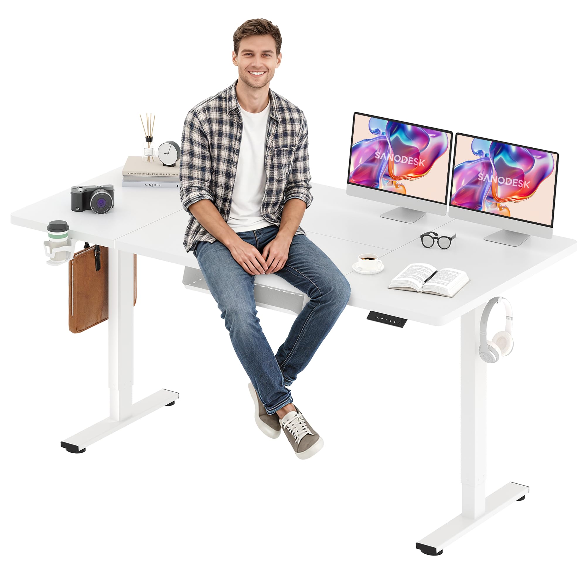SANODESK 71''x32'' Large Electric Computer Height Adjustable Standing Desk | Ergonomic Electric Stand Up Desk with Memory Presets Splice Board for Home Office,Computer Workstations,White Frame+White top White Frame+white Top 71x32"