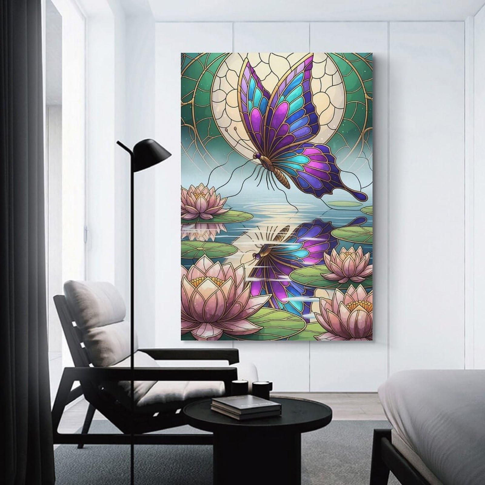 Junmoney Unframe-Style-22 Canvas Wall Decor Butterfly And Lotus Flowers Stained Glass, 24X36inch(60X90cm), For Lounge Decor, Bedroom Walls Or Flats, Eye Catching Artwork For Blank Walls
