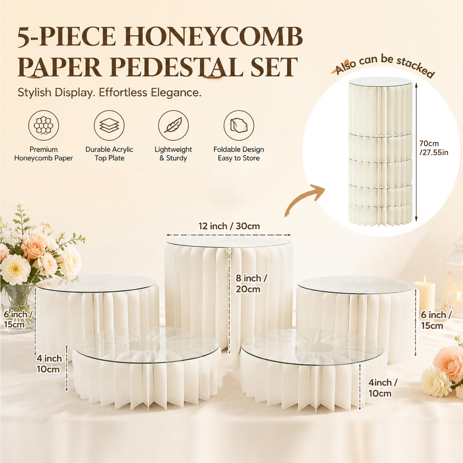 Lot de 5 présentoirs à gâteaux pliables, rehausseurs de buffet, présentoirs en carton avec plaques rondes en acrylique, présentoir à gâteau pour mariage, anniversaire, décoration de fête