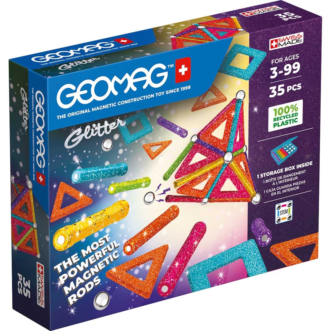 GEOMAG - GLITTER 35 Piezas - 100% Plástico Reciclado - Construcción Magnética para Niños desde 3 Años - Fabricación Suiza - Bloques de Construcción con 2 Barras, 12 Bolas, 11 Paneles -Juego Magnético