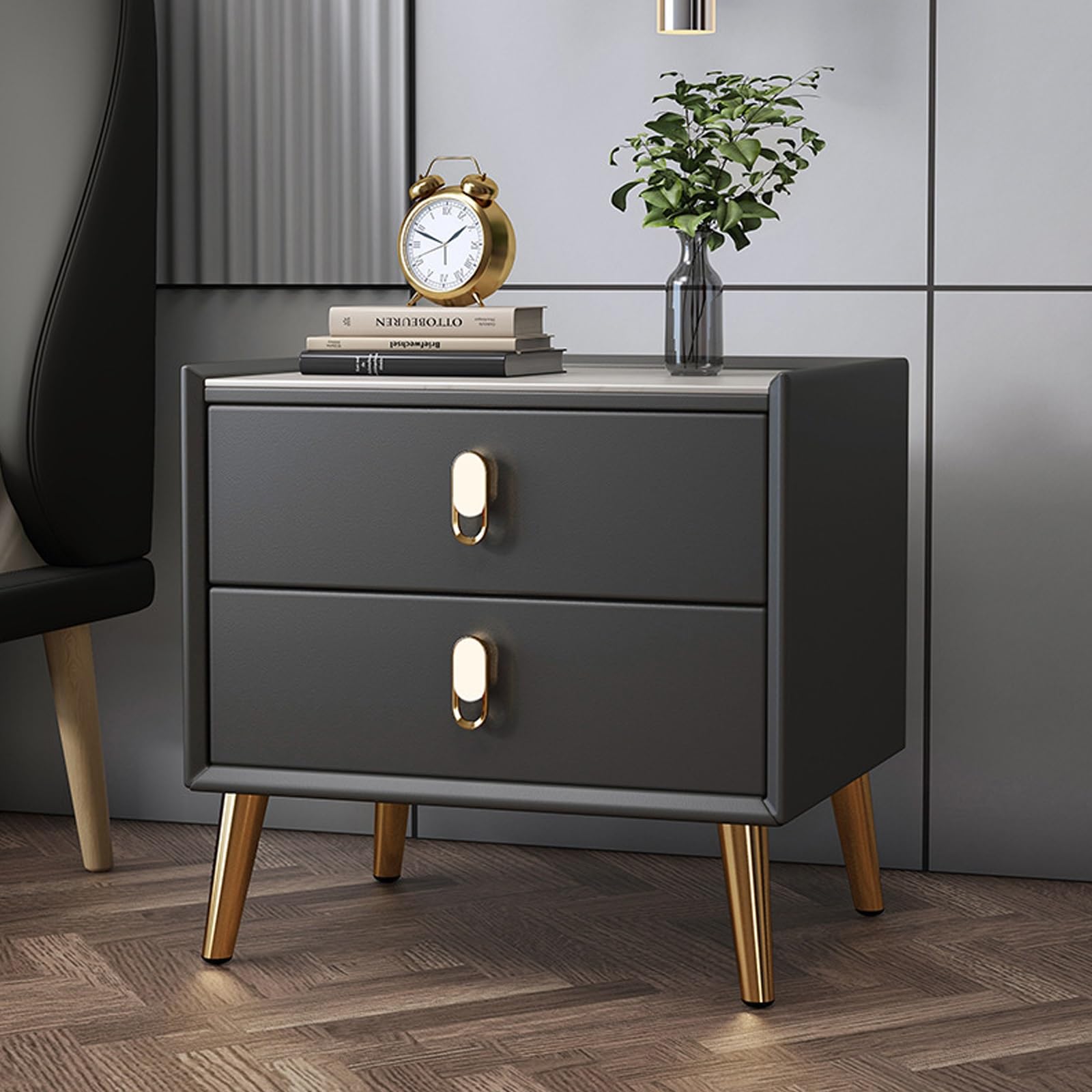 Table de chevet en cuir à 2 tiroirs pour chambre et salon chic