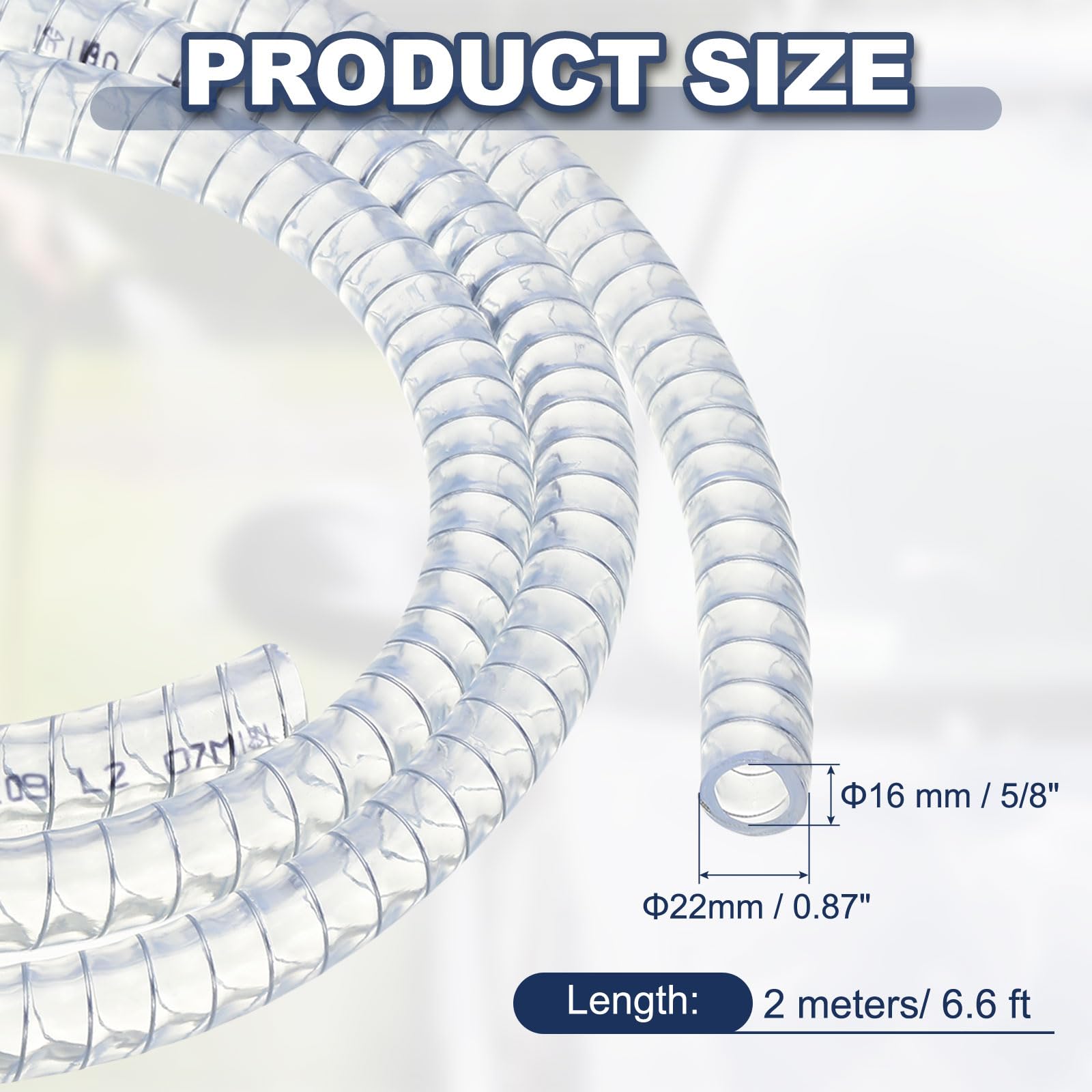 PATIKIL Tuyau Renforcé À Armature Métallique 5/8" / 16mm ID 2 Mètres, PVC Vinyle Haute Pression Résistant Aux Produits Chimiques Avec Spirale En Acier Pour Eau Carburant, Transparent