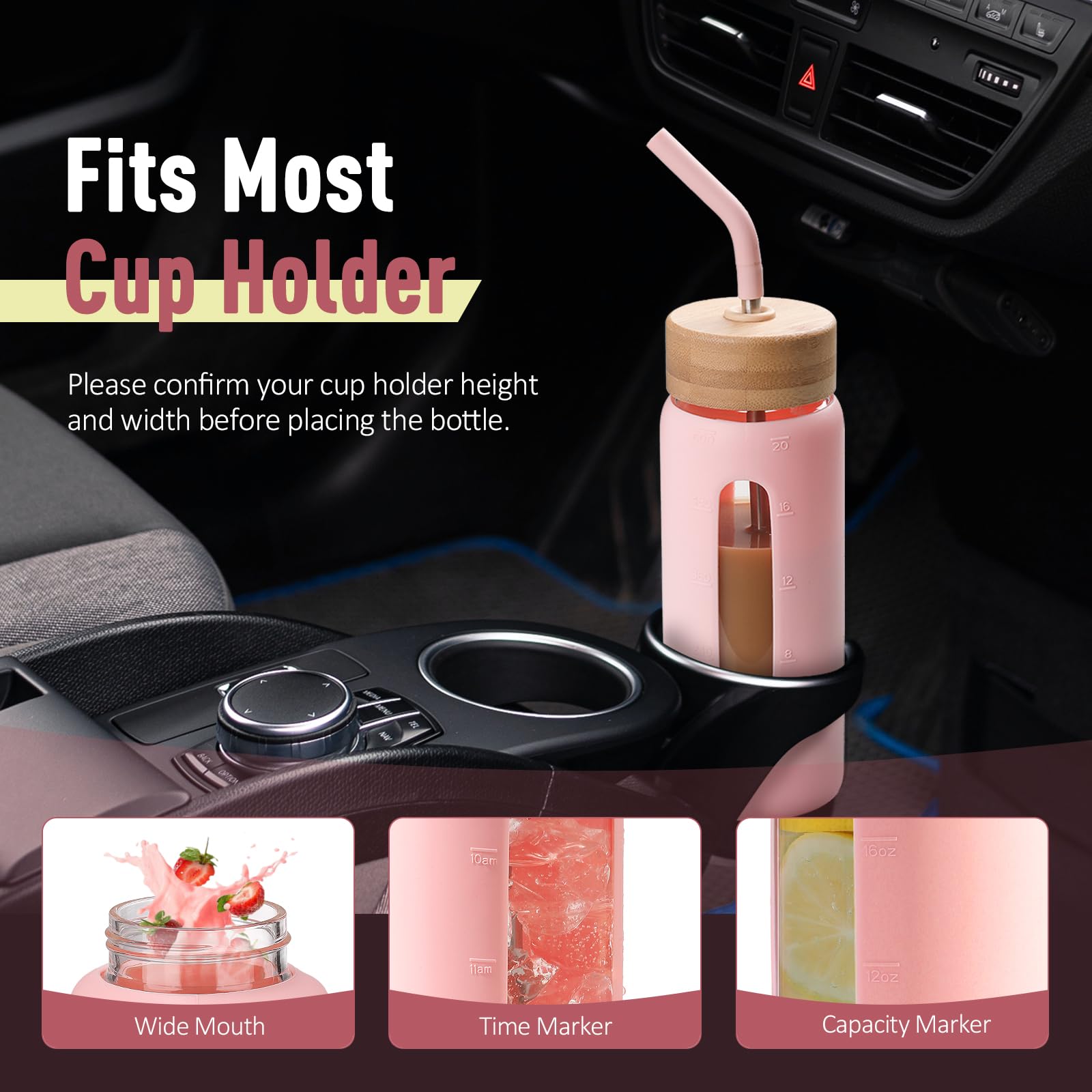 BLUEGO Borraccia in vetro da 600ml con cannuccia e 2 coperchi, tazza da caffè in vetro con custodia in silicone, senza BPA, Rosa