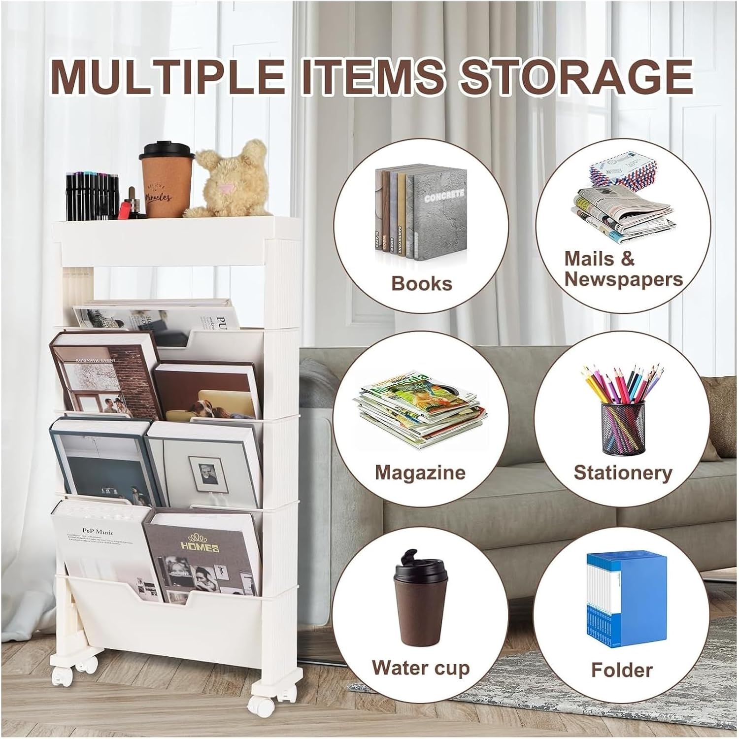 book cartMobile Bookshelf,Mobile Bookshelf with Wheels, Book Shelf with Wheels 5-Tier Movable Bookshelf and Desk Side Cart for Office Dorm Classroom