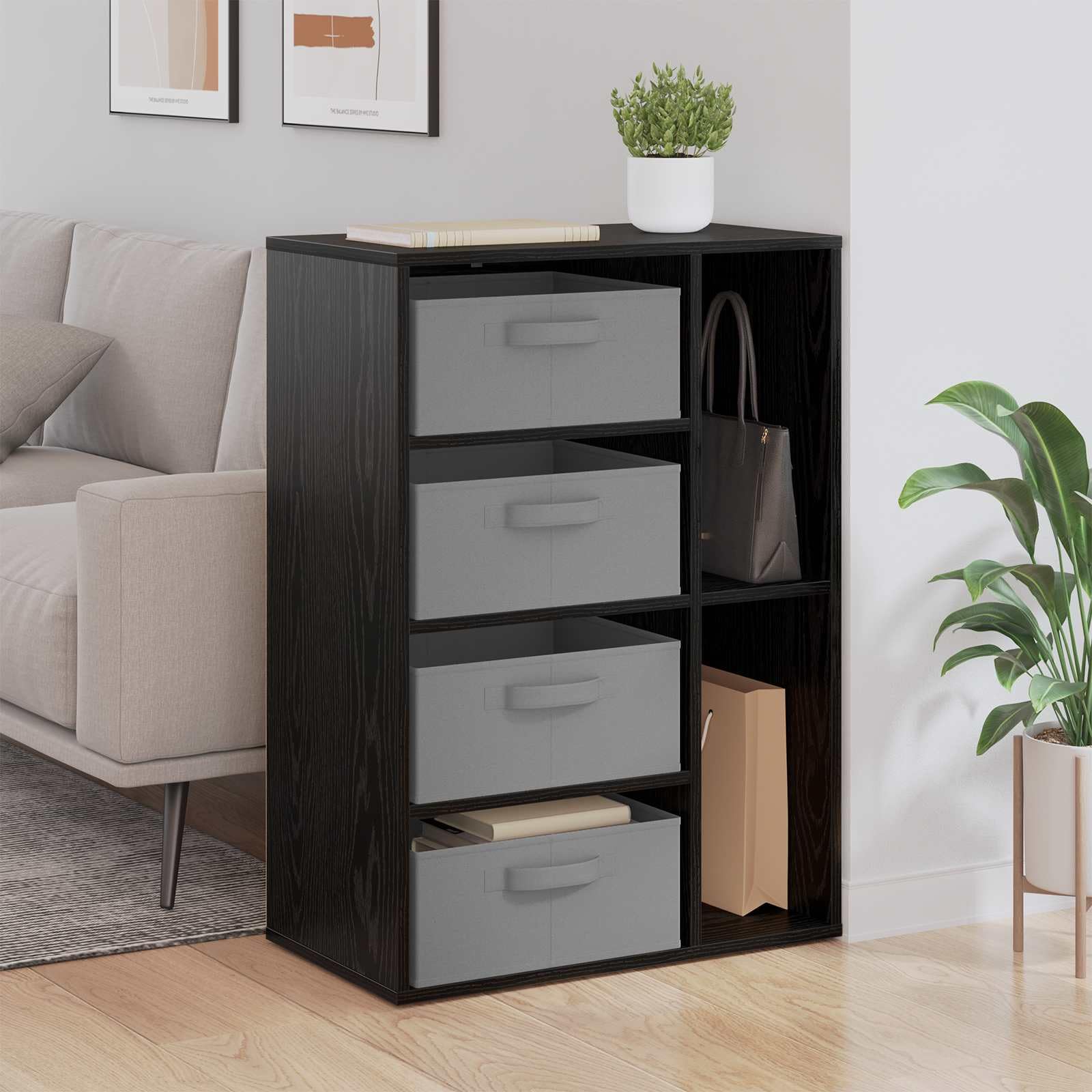 Credenza in rovere nero, 60 x 33,5 x 84 cm | Legno di ingegneria durevole, ripiani spaziosi, maniglie incassate, mobili multiuso soggiorno o sala da pranzo