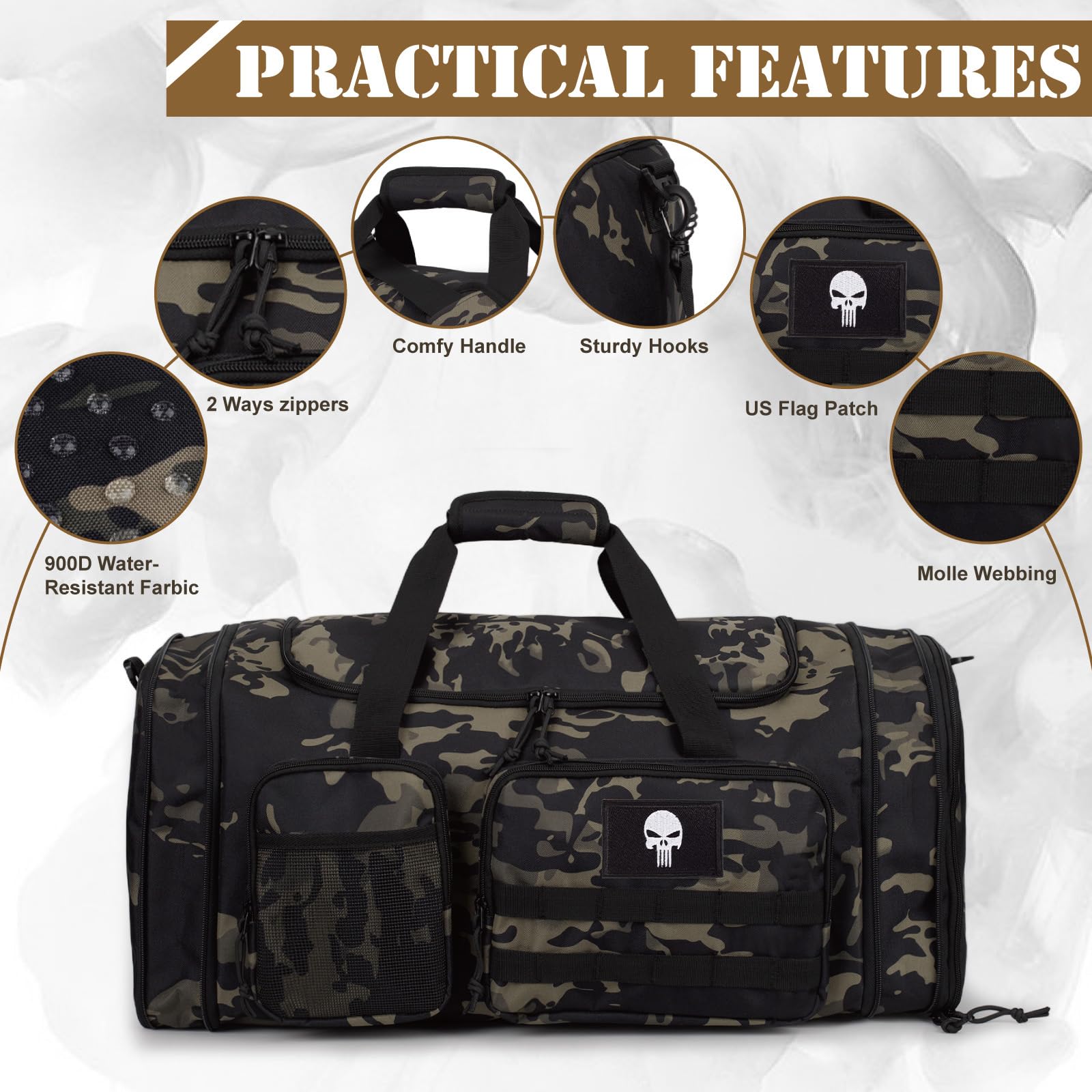 Sac de Sport Tactique Extensible 52L – Grand Sac de Voyage pour Homme avec Compartiment Humide, Sac Multi-Fonction Cabine, Sac Week-End Organisateur