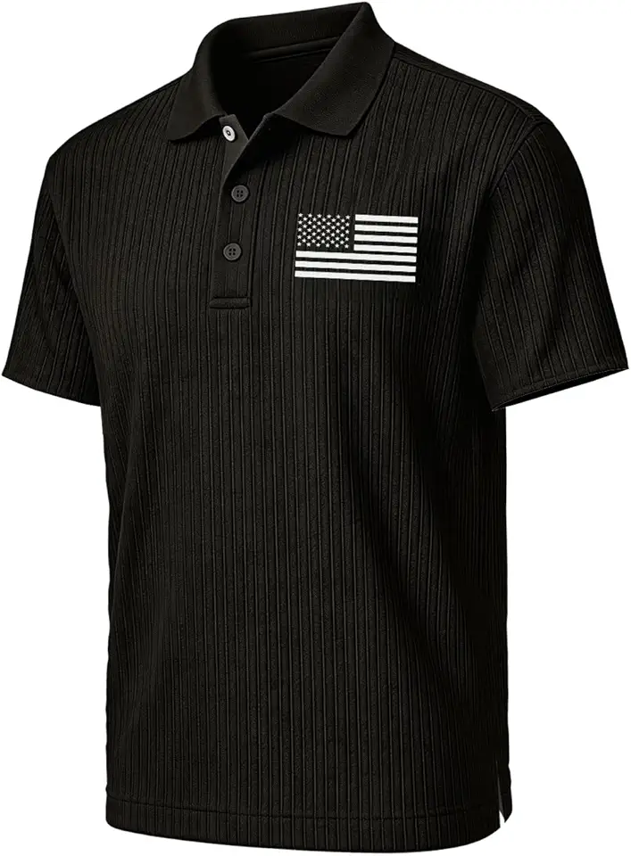 H HYFOL Cotton Short Sleeve Polo Shirts for Men Textured Knit American Patriotic Graphic Stretch Casual Golf Polos for Men