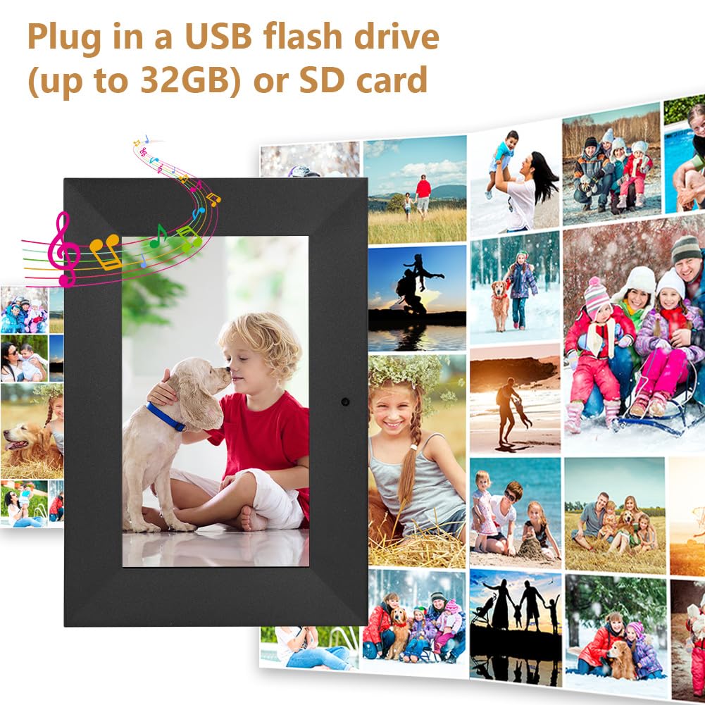 Vicloon 17,8 cm cyfrowa ramka na zdjęcia, HD ekran IPS, odtwarzacz zdjęć/muzyki/wideo/kalendarz/alarm, z pilotem zdalnego sterowania, obsługa kart USB/SD, możliwość montażu na ścianie (bez WiFi)