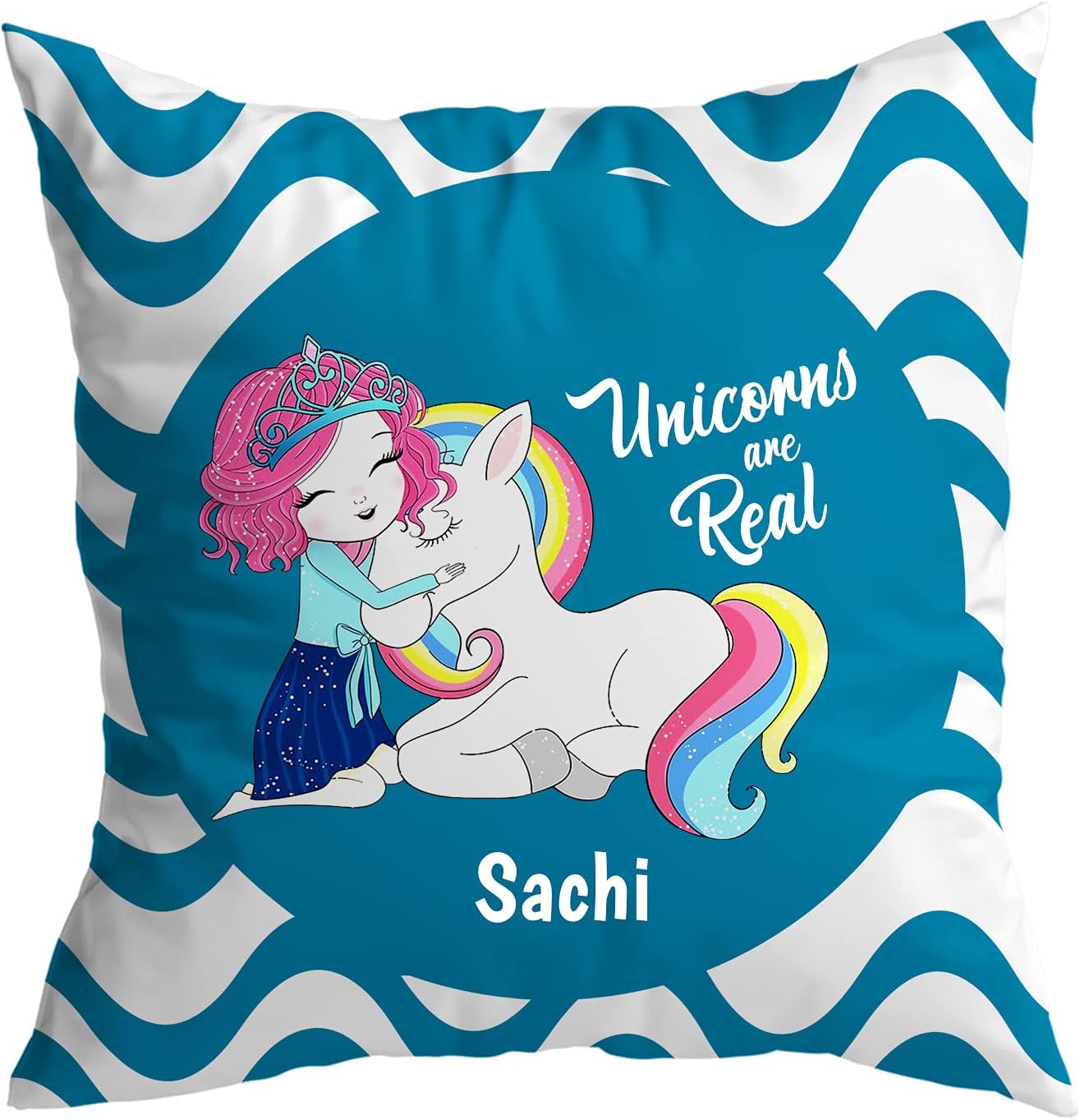ASHVAHSachi Name Unicorn Cushion Cover with Filler - Best Happy Birthday Gift for Daughter, Sister, Gift for Kids, Return Gift - Color - Blue - Size - 12 x 12 inches