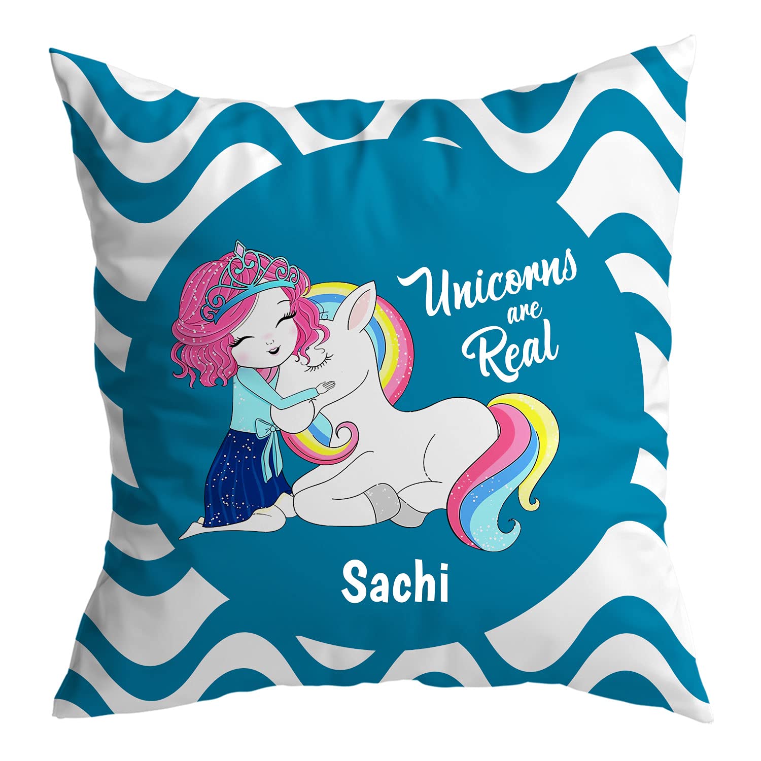 ASHVAHSachi Name Unicorn Cushion Cover with Filler - Best Happy Birthday Gift for Daughter, Sister, Gift for Kids, Return Gift - Color - Blue - Size - 12 x 12 inches