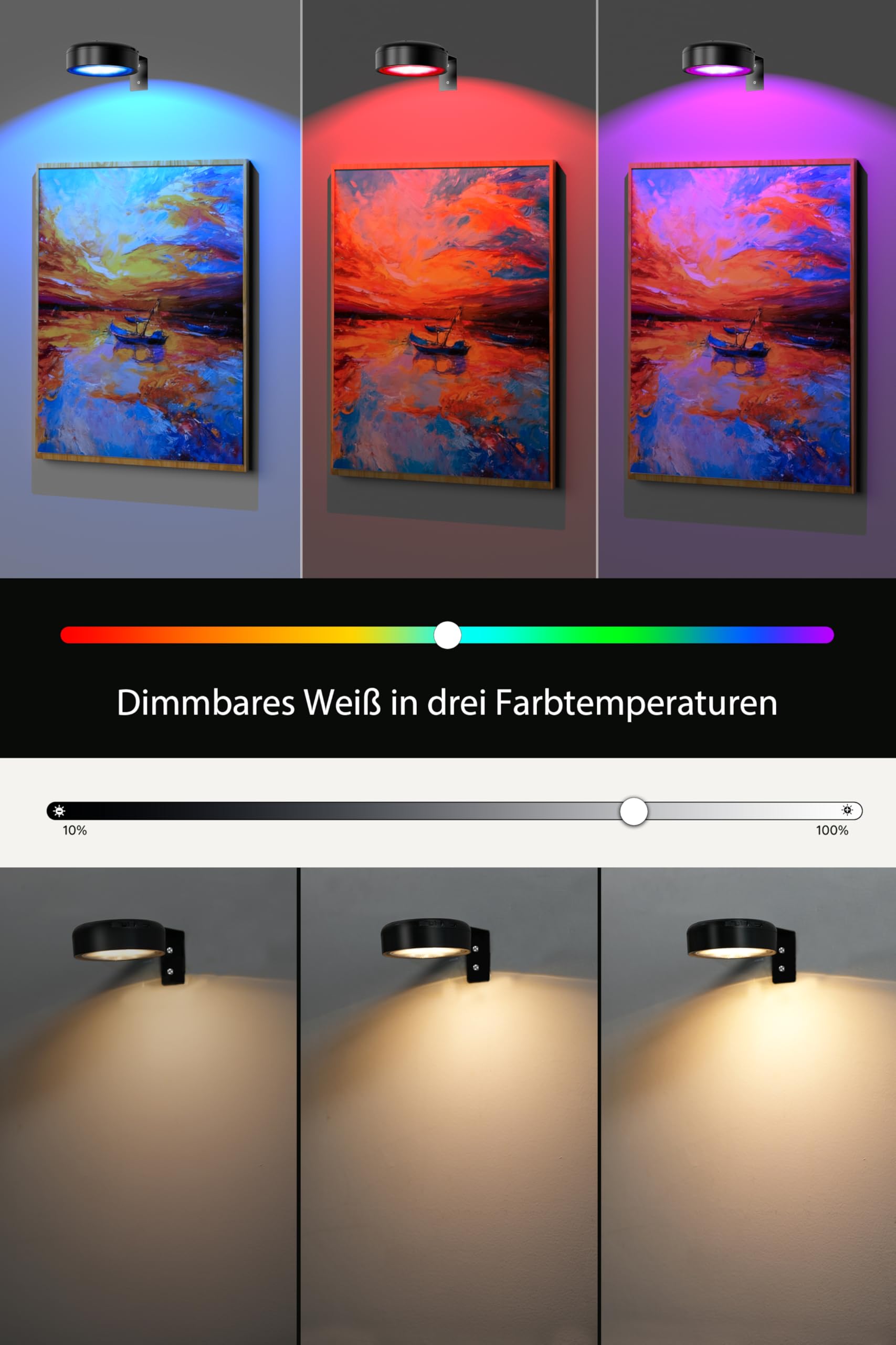 Bilderleuchte Kabellos 4er Set - 18 Stunden Akkulaufzeit, RGB und Warmweiß Licht, Timer-Funktion, Mit Fernbedienung, USB-C Wiederaufladbar, Integrierter Akku, Wohnaccessoires (Schwarz)