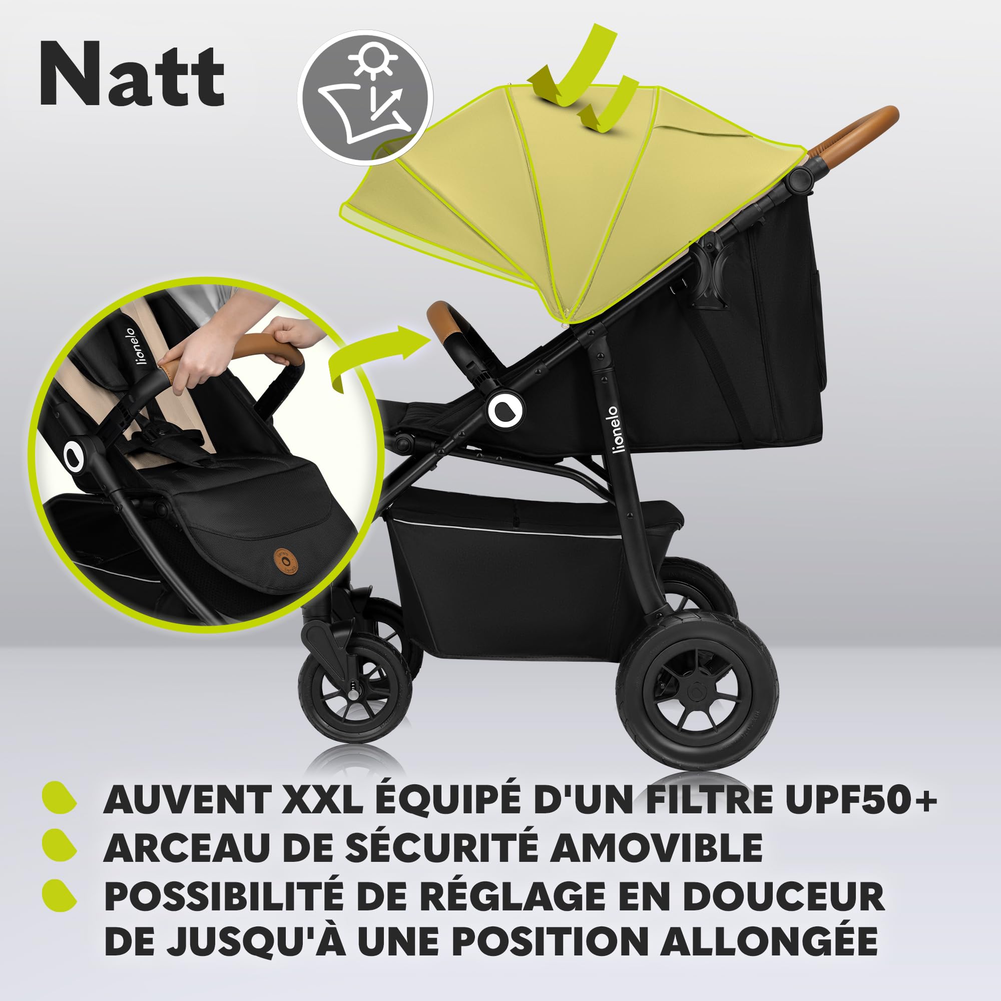 LIONELO Natt Poussette Canne Bébé jusqu’à 22 kg, Réglages de la Poignée et du Dossier jusqu'à la Position Allongée, Ceintures de Sécurité à 5 points, Grandes Roues Tout-terrain Auvent XXL (Beige)