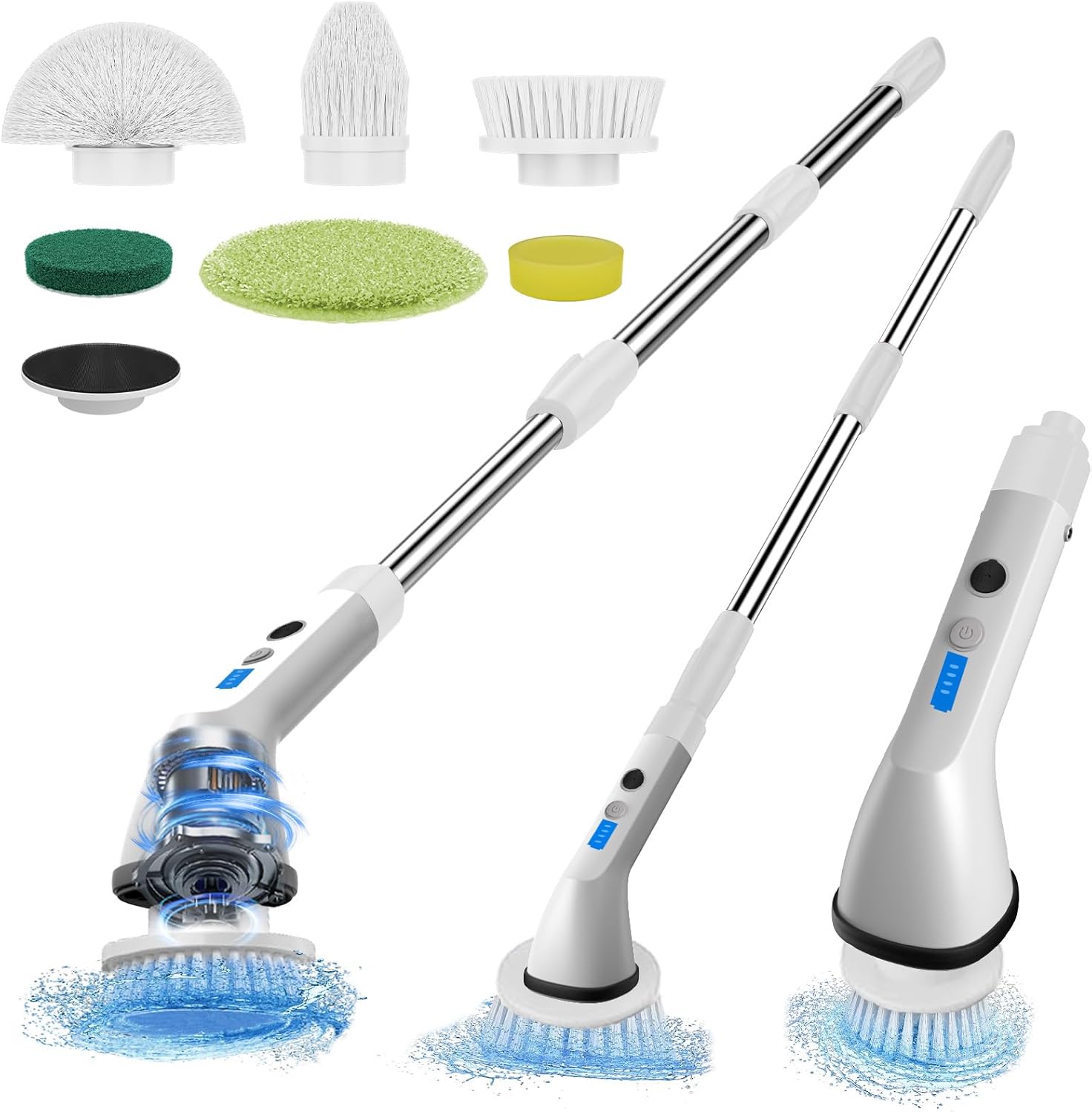 Limpiador eléctrico giratorio, cepillo de limpieza inalámbrico de ducha con 6 cepillos de repuesto, 2 velocidades ajustables y extensibles,