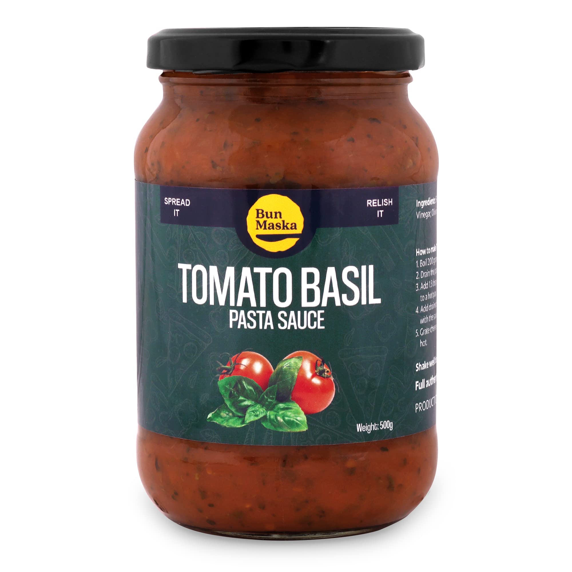 Bun Maska Tomato & Basil Sauce | Made with Fresh Tomatoes | Perfect for Pizza and Pasta | Taste like Homemade | No Artificial Preservatives | Ready to Eat | Healthy | MSG Free (500 g)