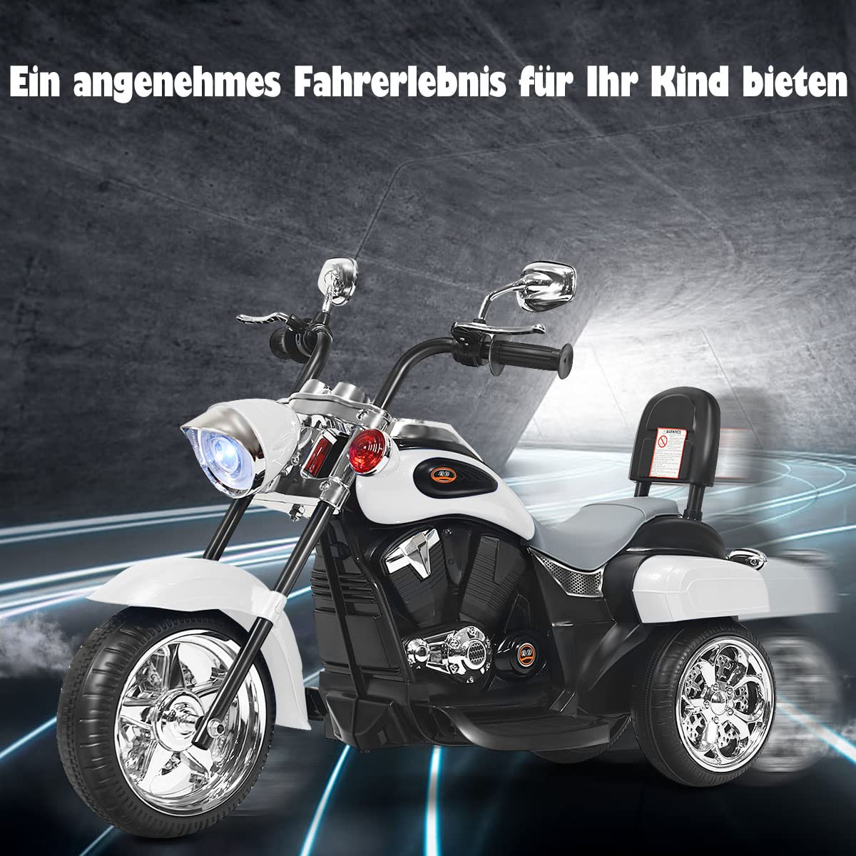 COSTWAY 6V Kinder Motorrad Elektro, Kindermotorrad mit verstellbaren Scheinwerfer & Vorwärts,-Rückwärtsfunktion, Dreirad Elektromotorrad mit Sound & Hupe, 2,5-3 km/h, für Kinder ab 3 Jahren(Weiß)