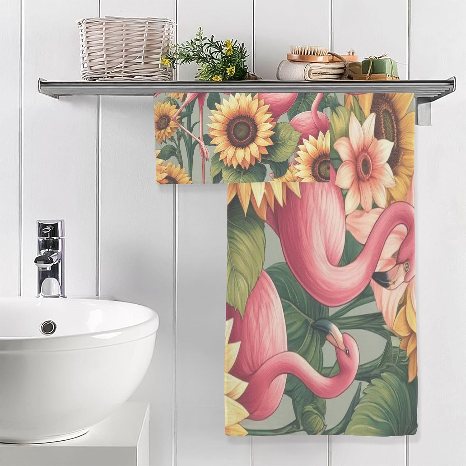 Hand Towels Premium Soft and Highly Absorbent Flamingos and Sunflowers 2 Pcs Towels for Bathroom Set 100% Cotton Decorative Face Towels