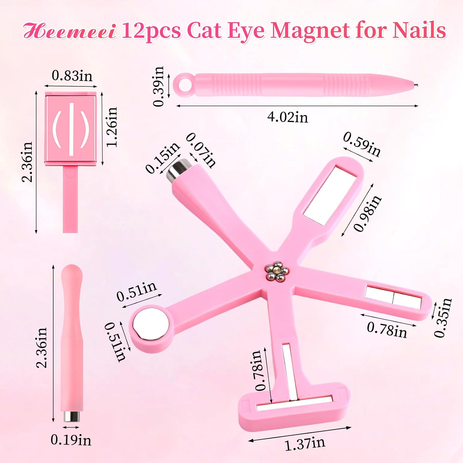 12pcs Cat Eye Magnet for Nails, 6 In 1 Multifunction 9pcs Stripe Plates Pen Wand for Cat Eye Gel Polish 3d Nail Art Salon or Diy (Pink)