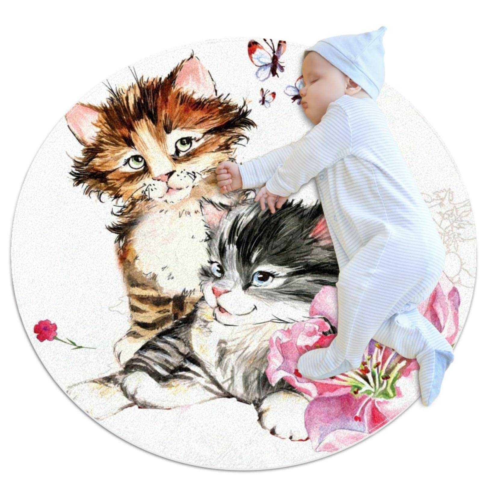 Tapis papillons chats lavable et confortable JDEZ, tapis rond 100cm antidérapant buanderie