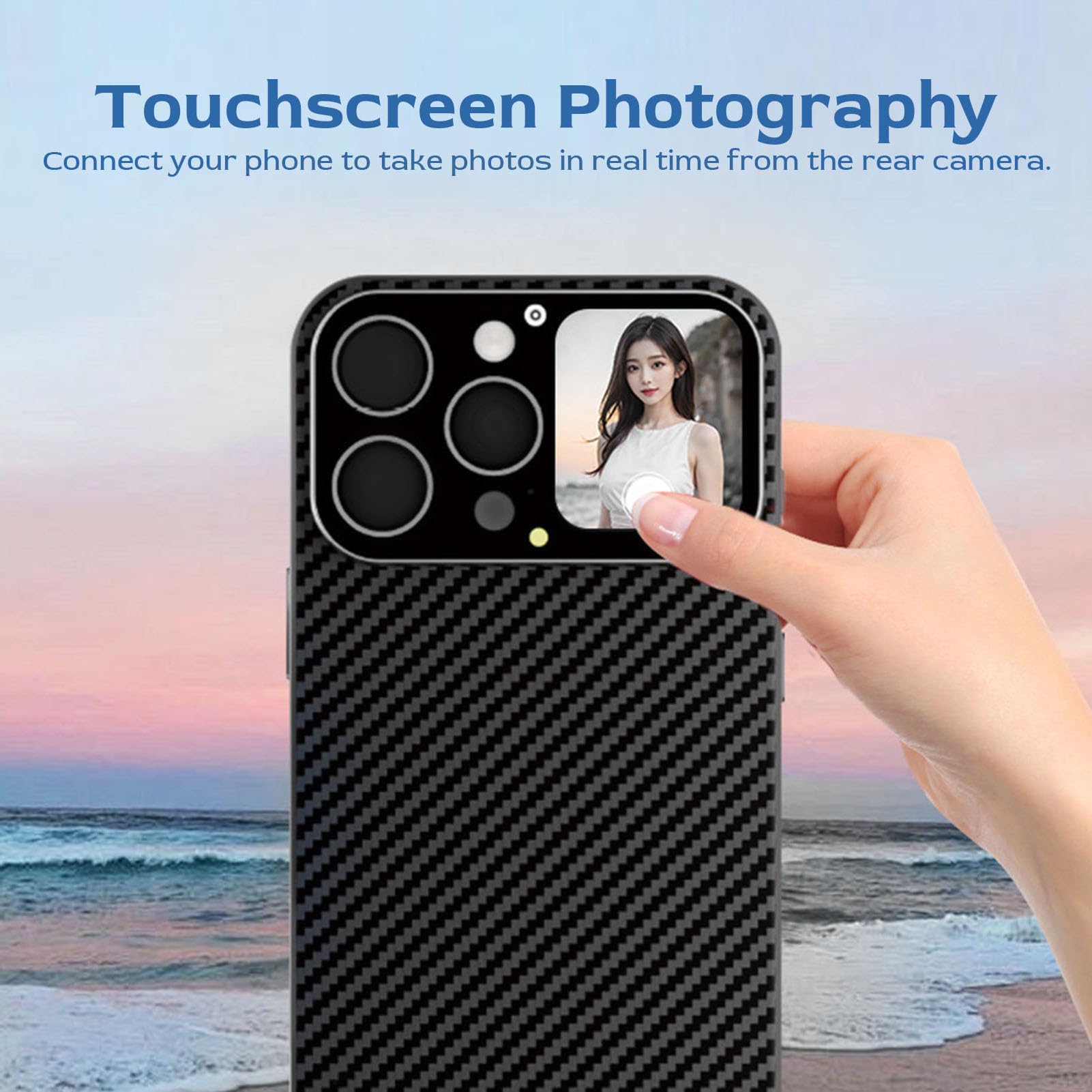 Ejoyous Funda para Teléfono con Pantalla Táctil Cubierta de Teléfono de Fibra de Carbono 1,71 Pulgadas Bluetooth Ajuste Magnético para 15 Pro MAX para Selfies Control de Música Pantalla de Mensajes