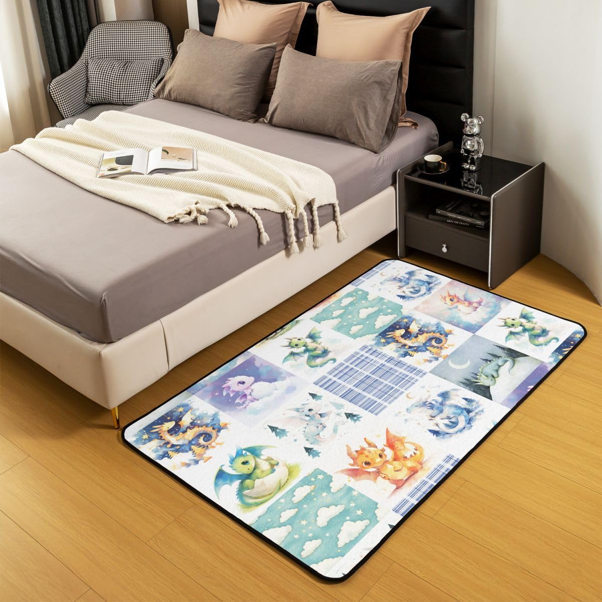 Dinosaurier Teppich 100x150cm Süß Autotoon Drucken Modern Teppich Streifenlinie Wohnzimmerteppich Wildes Tier Küchenteppich Wildtiere Weich Waschbar