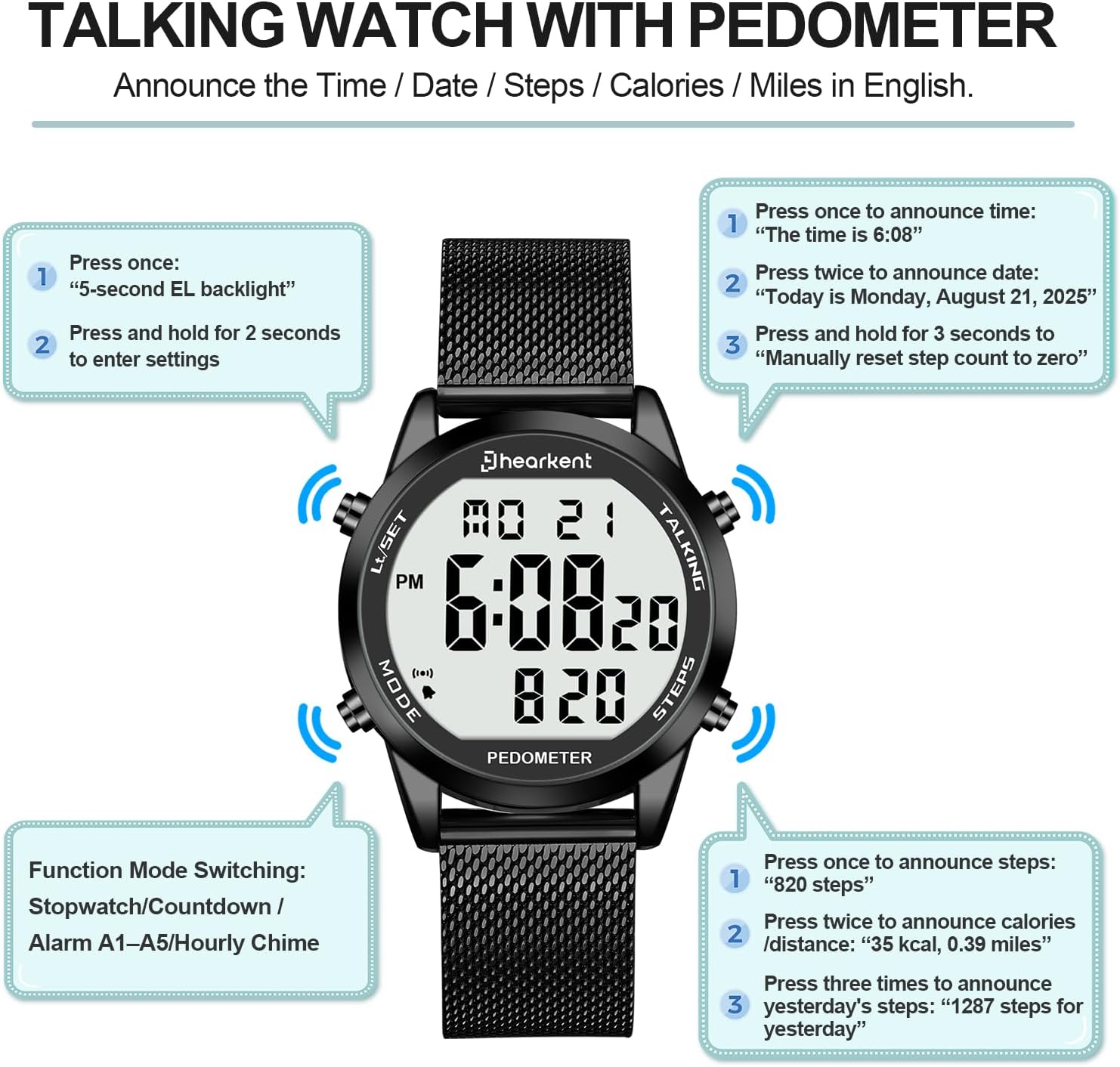 Hearkent Pedometer Talking Watch with EL Backlight,English Announces-2306