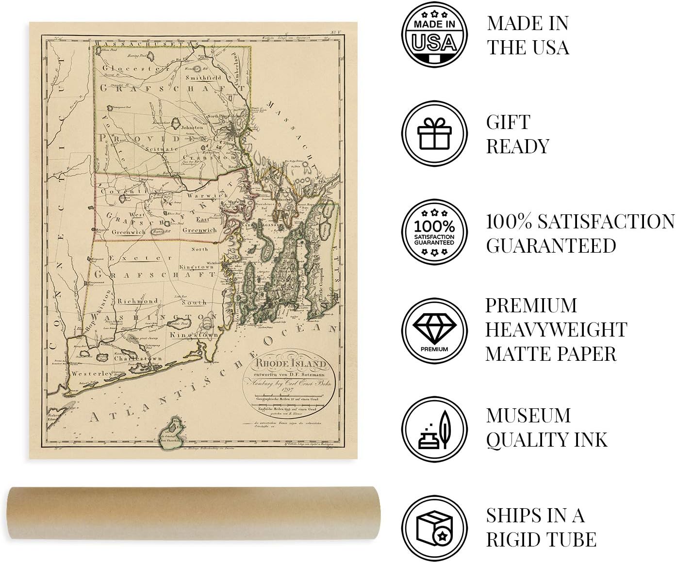 HISTORIX Vintage 1797 Rhode Island Map - 18x24 Inch Vintage Map of Rhode Island Wall Art Decor - Rhode Island Poster Shows Counties and Subdivisions - Place names in German and/or English