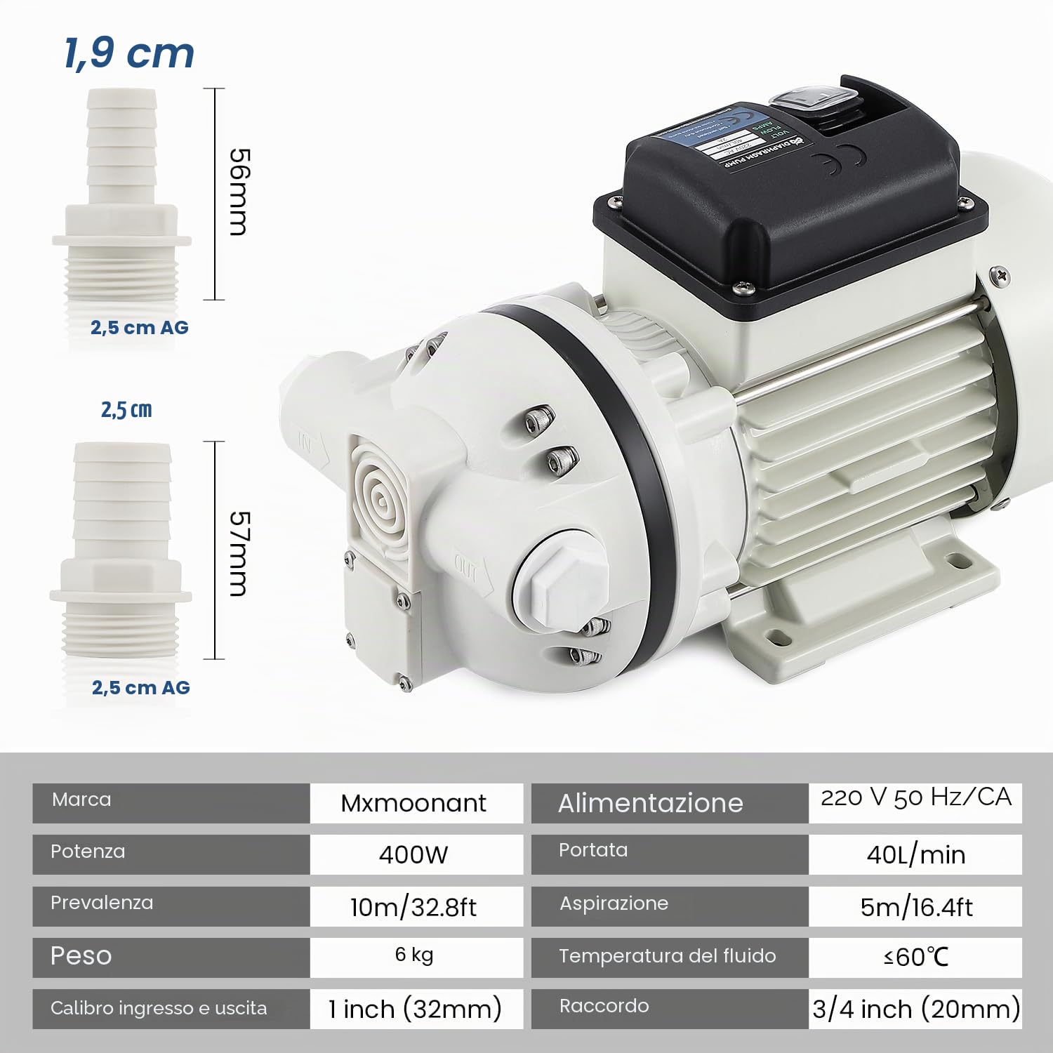 Mxmoonant 220V AC Pompa a Membrana Multi-liquido, 25 Psi, 1,7 Bar, 400W, 40 Lpm/min, Autoadescante, Avvio/Arresto con un Solo Tocco, per Gasolio,DEF, ADblue, Urea, Bevande