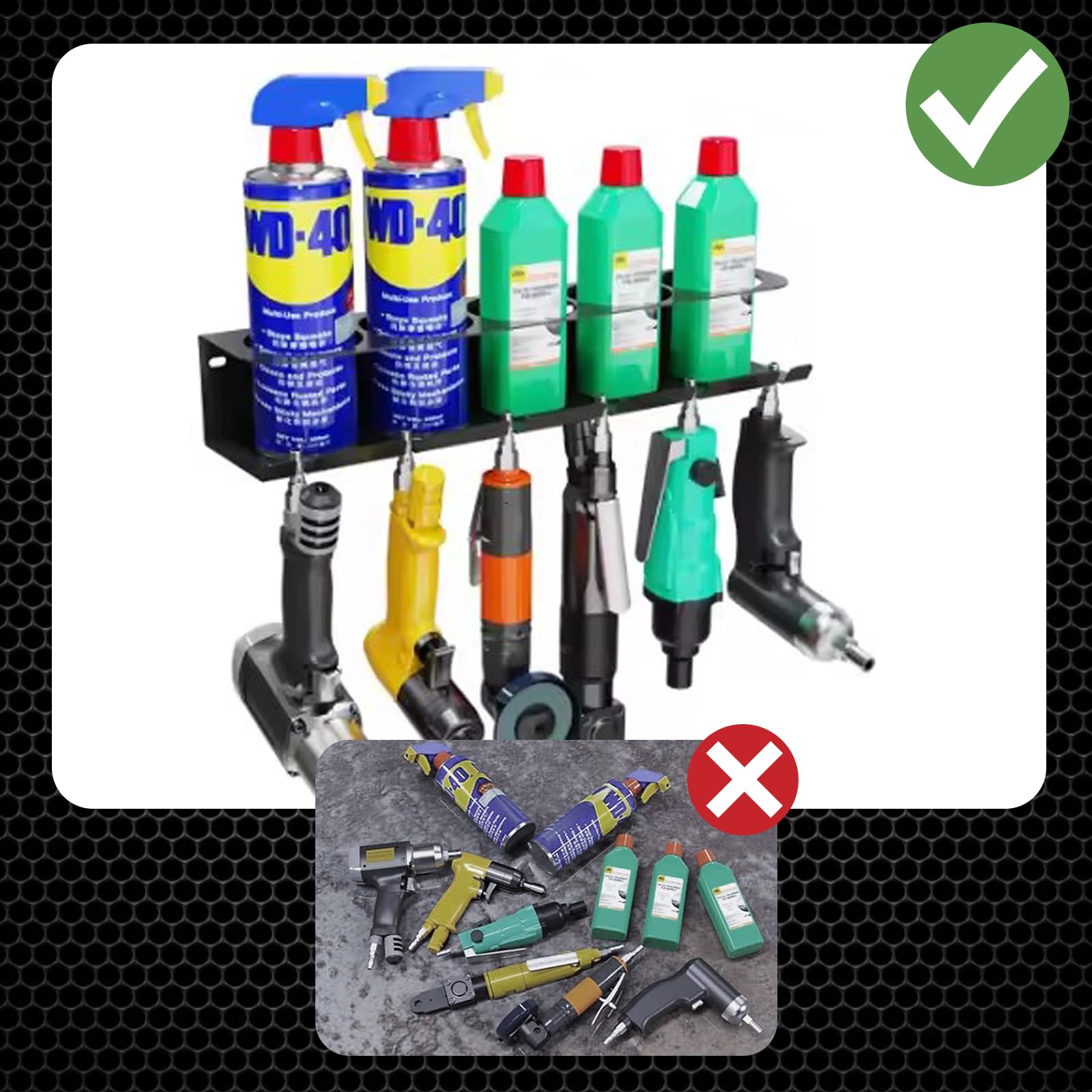 JAOGAUS 2 Soporte para Botellas de Aerosol, 2 Soportes para Latas de Aerosol con 5 Agujeros y 6 Ranuras, Montaje en Pared Organizador de Herramientas Eléctricas Estante de Almacenamiento para Garaje